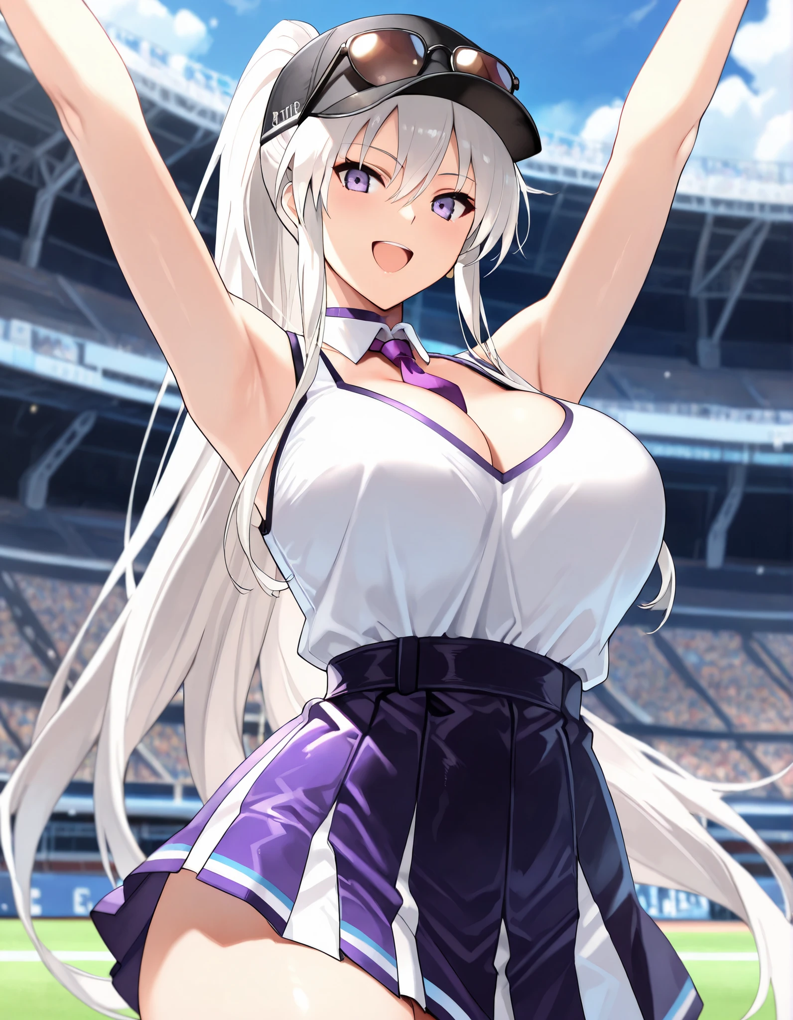 (best quality, masterpiece, ultra detailed, high resolution), Beautiful , tall, score_9, anime style, Masterpiece, best quality, Enterprise(Azur lane), enterprise_biburystyle, 1girl, purple necktie, solo,, long hair,, ,, purple choker, detached collar, cleavage, thick thighs, look at viewer, smiling, shoulders, purple gloves, baseball cap, purple necktie, purple pom-pom, two-tone shirt , white shirt , cheerleader costume, cheerleader , , midriff, shirt tucked in, crop top, long hairpurple eyes,white hair,cleavage,ponytail,sunglasses, arms up, :D