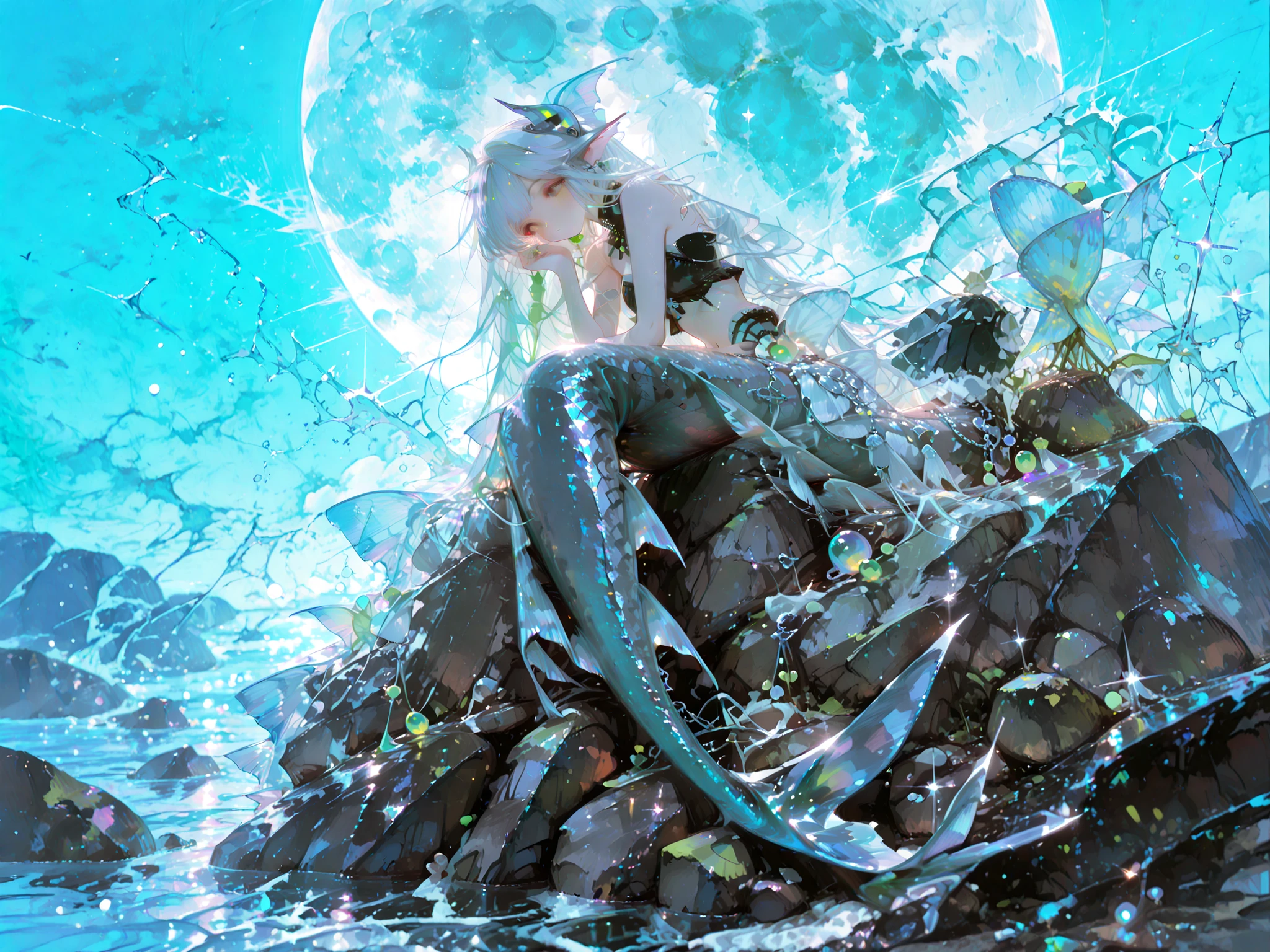 super resolution, perfect detail, RAW photos, mermaid under the moonlight, sparkling silver scales, a jeweled tail fin, graceful pose on a rock, calm night sea, Full moon reflection, Sparkling Waves, luminous plankton, mysterious atmosphere, wide screen composition