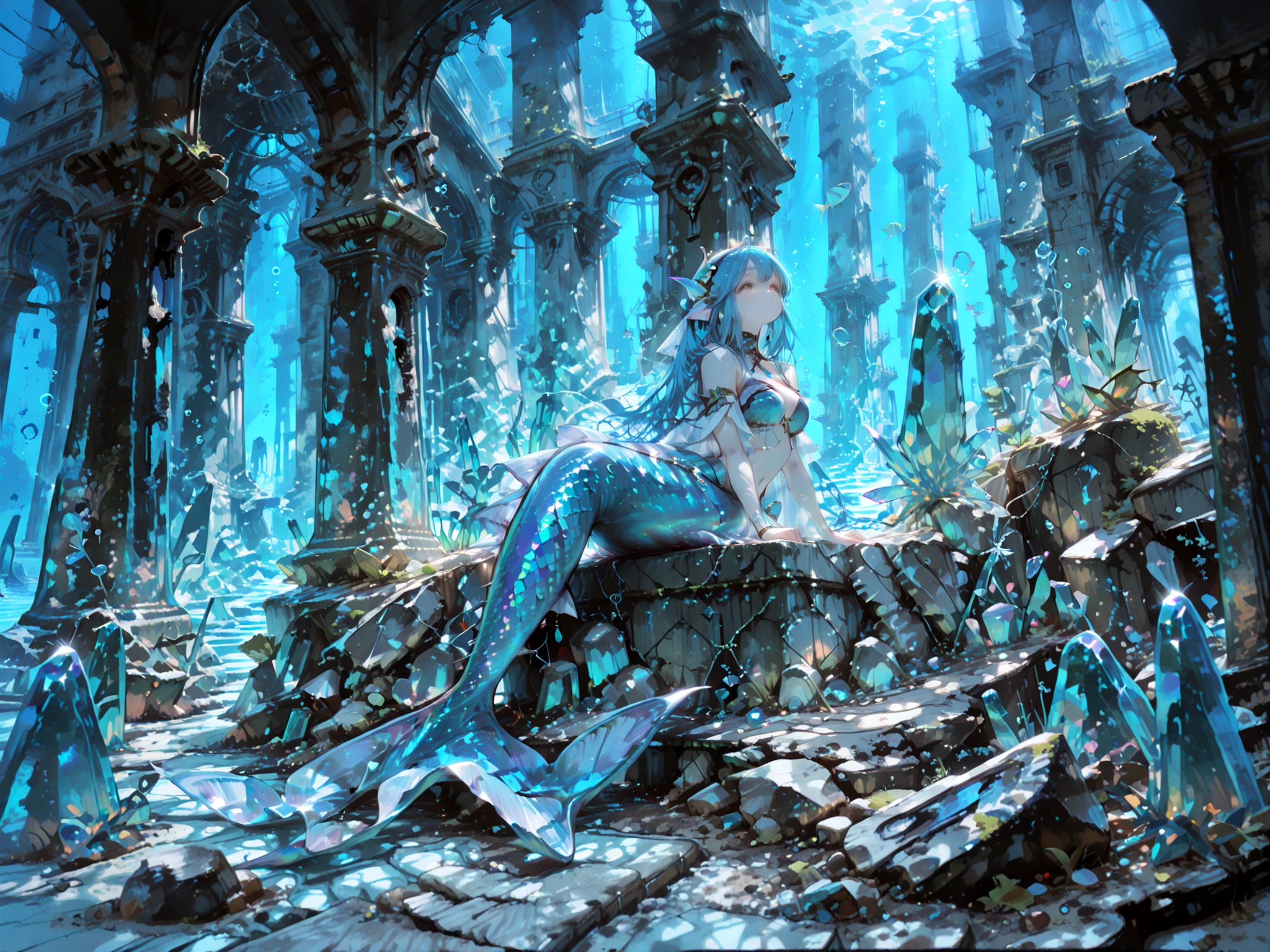 Superb Quality, fine detail, Perfect Resolution, Mysterious Mermaid, Crystal-like Scales, Blue Hair, Ancient Atlantis ruins, Underwater Temple, shiny crystals, Magical Streams of Light, Mysterious Undersea Caves, Fantastic Underwater City, Widescreen Optimization