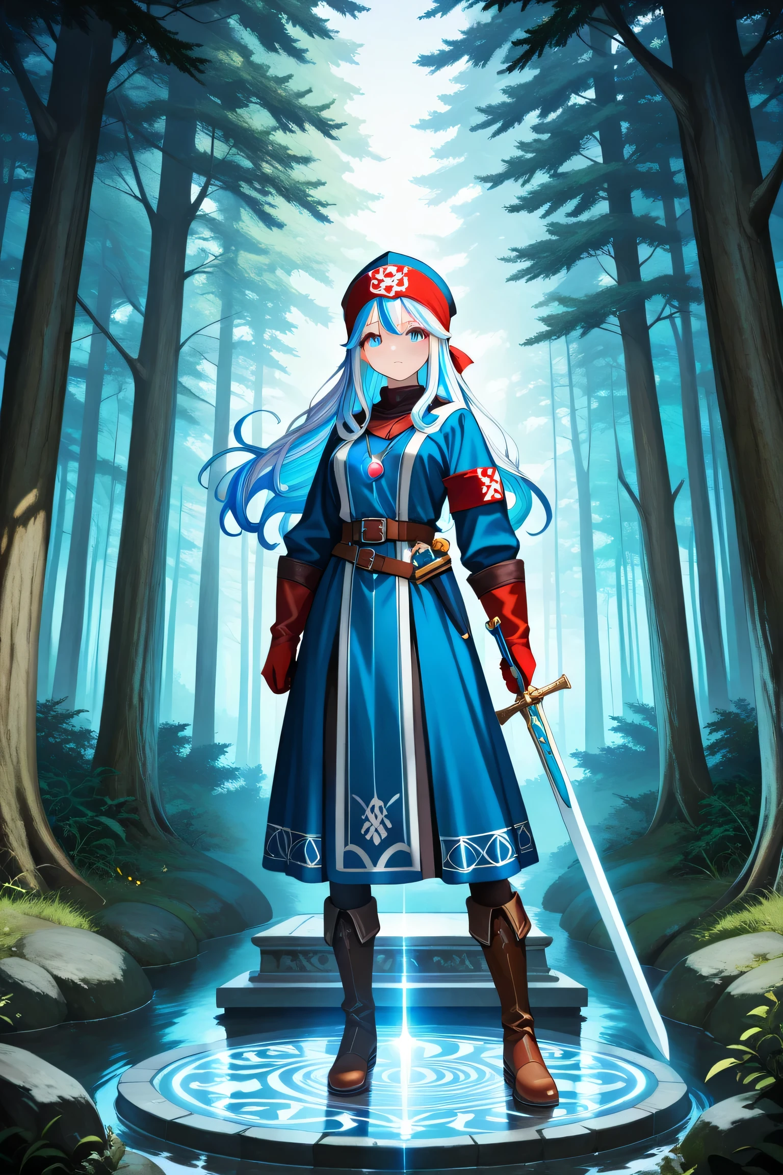 masterpiece, Highest Quality, Amazing Quality, with a perfect face, highest resolution, 8k, anime-style images, (((detailed eyes, Clear eyes))), 1girl, solo, one chibi girl, Ryugu Unotsukai Musume, Blue hair, (White two-striped hair), swirling idiot hair, Long Hair, large swirl pendant with ribbon on chest, 「SeaArt」armband with the letters, belt that is large at the waist and has a round swirl pattern in the middle, large on the waist with a round swirl pattern in the middle {x} short standing red rabbit headband with white lines, blue dress, Adventurer's costume, adventurer's hat, adventurer's robe, adventurer's gloves, adventurer's boots, sexy, forest, holy sword, Holding a sword with both hands, A holy sword deeply embedded in a stone pedestal in the ground, the moment the holy sword is pulled out of the ground, holy sword pedestal, legendary holy sword stuck in pedestal, legendary holy sword emitting light effects, sparkling effects, girl pulling out legendary holy sword, heroic atmosphere, atmosphere of a hero's story, forest with sunlight filtering through the trees, outdoor light shining, fantasy atmosphere, (full body), dynamic pose, (((clear contrast between light and dark, cool color image)))