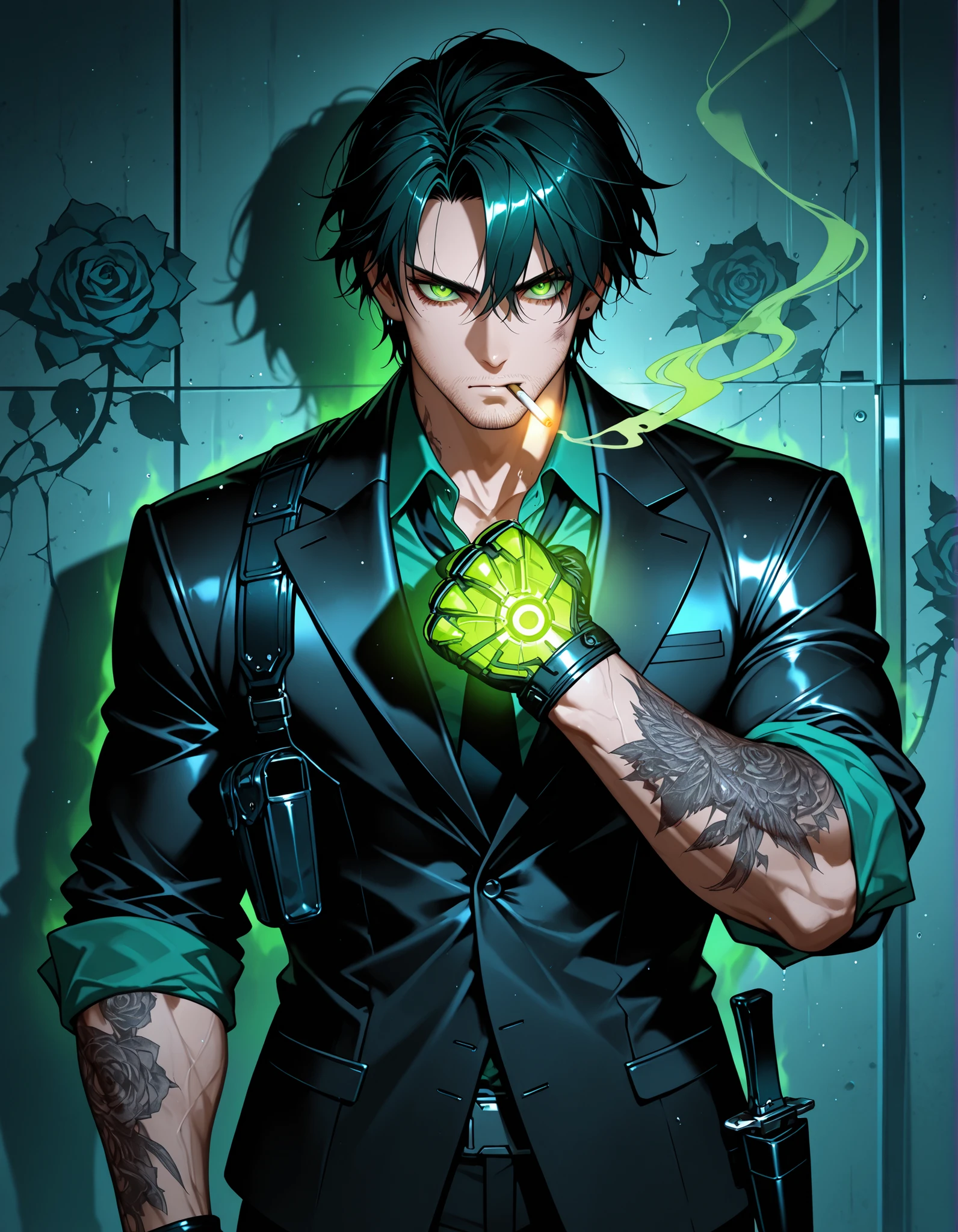 [IMAGE PROMPT – Luca Rossi]
solo, half body, {((male)), mature:9, tall muscular build, short slicked dark hair with loose strands, glowing ((green eyes)), sharp jawline with faint stubble, faint tattoos of roses and knives on forearms, bruised knuckles, black suit torn at ribs with blood stains, loosened tie, rolled-up sleeves, leather shoulder holster visible, stiletto blade in boot, aura of crimson and violet glow around wounds}, [BREAK] background: dim neon-lit apartment interior, rain-slick city glow through cracked blinds, cigarette smoke curling in air, faint rebellion graffiti on walls, [BREAK] general, masterpiece, masterwork, best quality, highres, cinematic cyberpunk noir style, ultra-detailed suit fabric, eyeshd, high gradient eyes, photoreal semi-cinematic composition, perfect hands, dramatic shadows