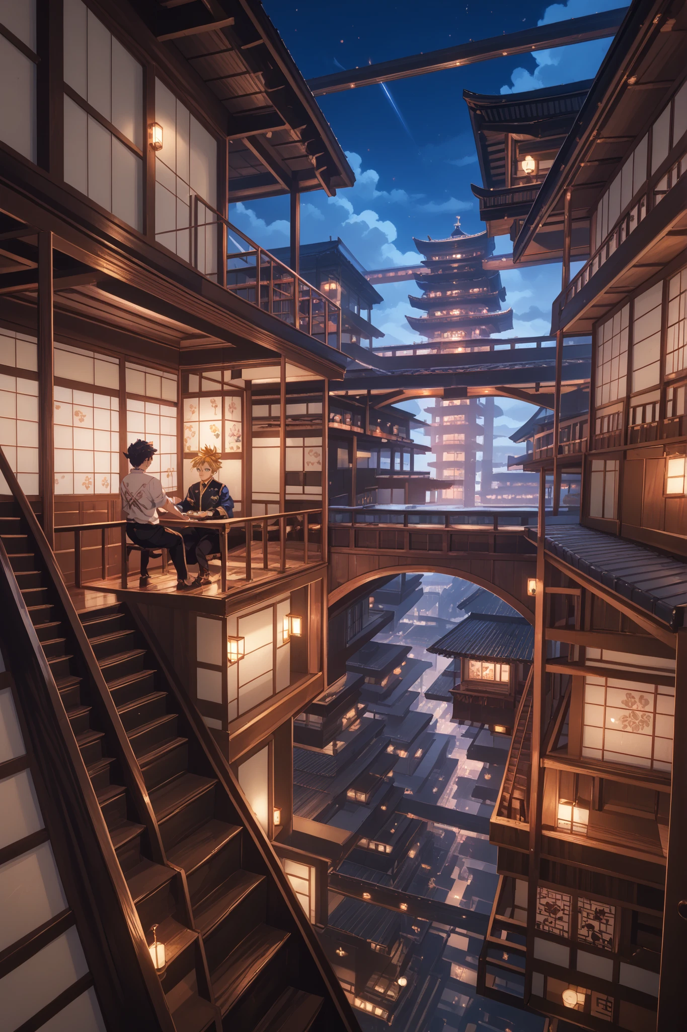 building, japanese interior, shoji, scenery, night, spark, bridge, stairs, motion blur, falling, ,サイバーパンクスタイル、室内、勝利鬼滅の刃