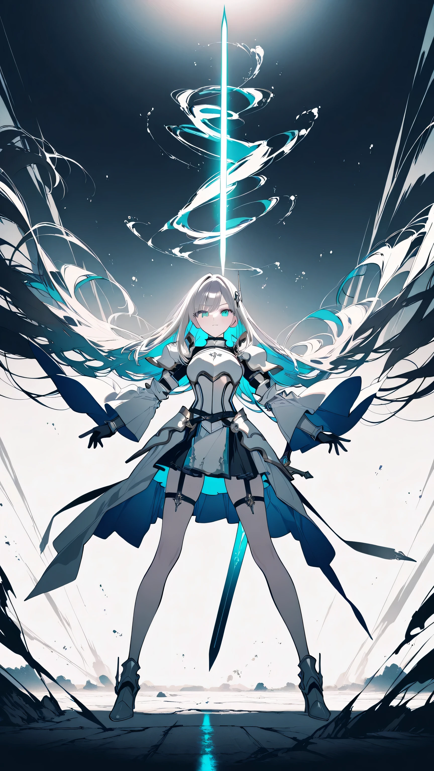 A cinematic animation-style illustration in Mochizuki Kei style, featuring clean and refined shading. A single swordsman in predominantly white armor, gripping a glowing sword embedded in the ground, shown in a close-up view as they pull it free, standing in a dynamic and powerful pose, conveying effort and presence. Background and effects with watercolor splashes around the sword, dramatic, stylized environment with swirling skies and contrasting light and shadow, subtle gradients and soft lighting to emphasize the epic atmosphere, with a limited sophisticated palette.