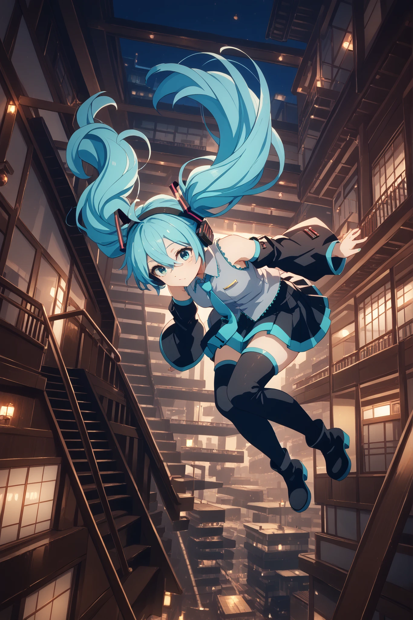aqua necktie, black footwear, black skirt, black sleeves, boots, collared shirt, detached sleeves, grey shirt, necktie, pleated skirt, shirt, skirt, sleeveless, sleeveless shirt, thigh boots, tie clip,,miku hatsune, ahoge, aqua eyes, aqua hair, crossed bangs, hair between eyes, hair ornament, headphones, long hair, twintails,,building, japanese interior, shoji, scenery, night, spark, bridge, stairs, motion blur, falling, ,ネオンスタイル、都市