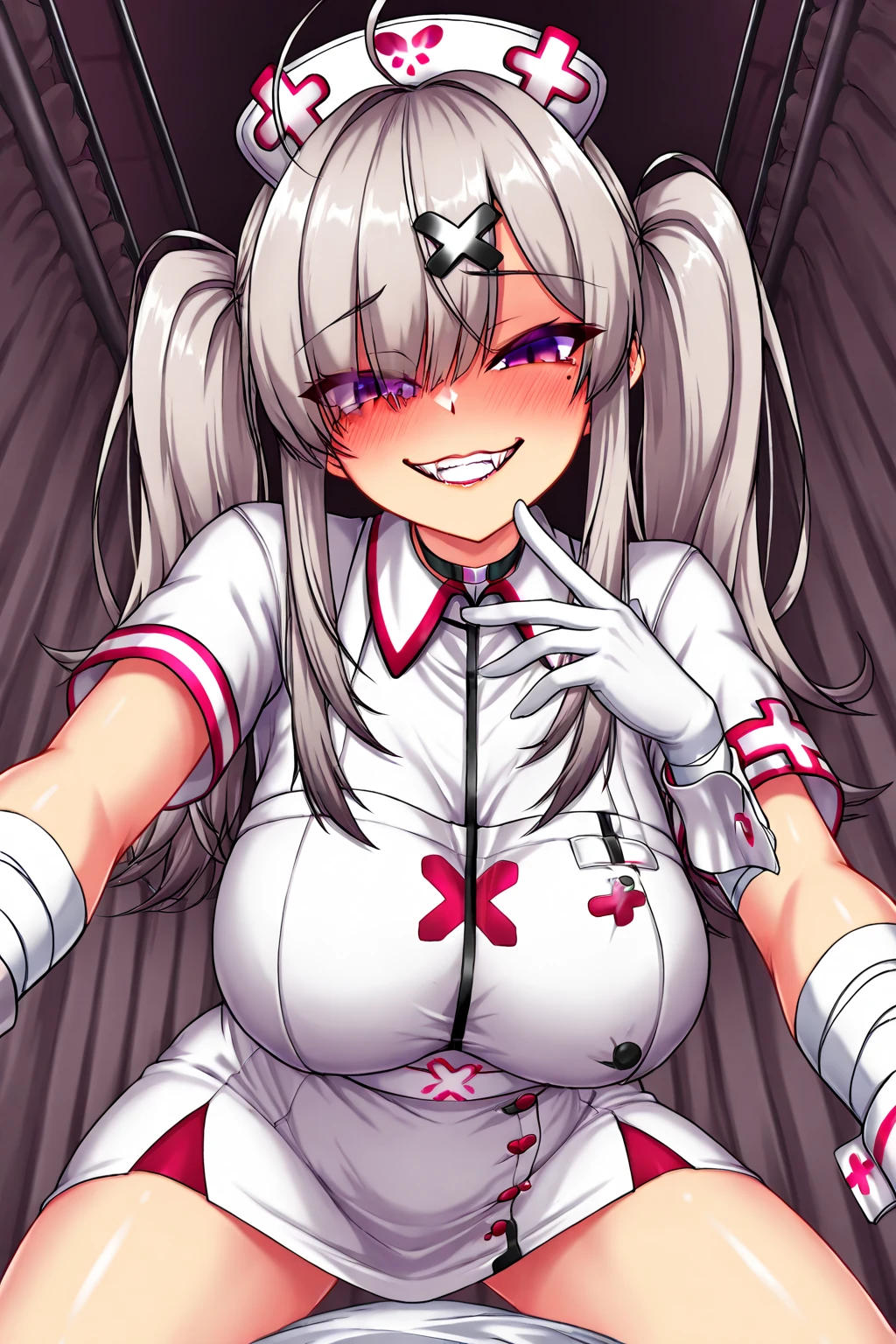 score_9, score_8_up, score_7_up, source_anime, aakana, long hair, twintails, ahoge, hat, nurse cap, x hair ornament, mole under eye, eyes visible through hair, blush, fangs, large breasts, nurse, white dress, short sleeves, bandaged arm, wrist cuffs, white gloves, white apron, <lora:sukoya_kana_xl_pony_v1:0.8>, standing, cowboy shot, holding syringe, hospital bed,