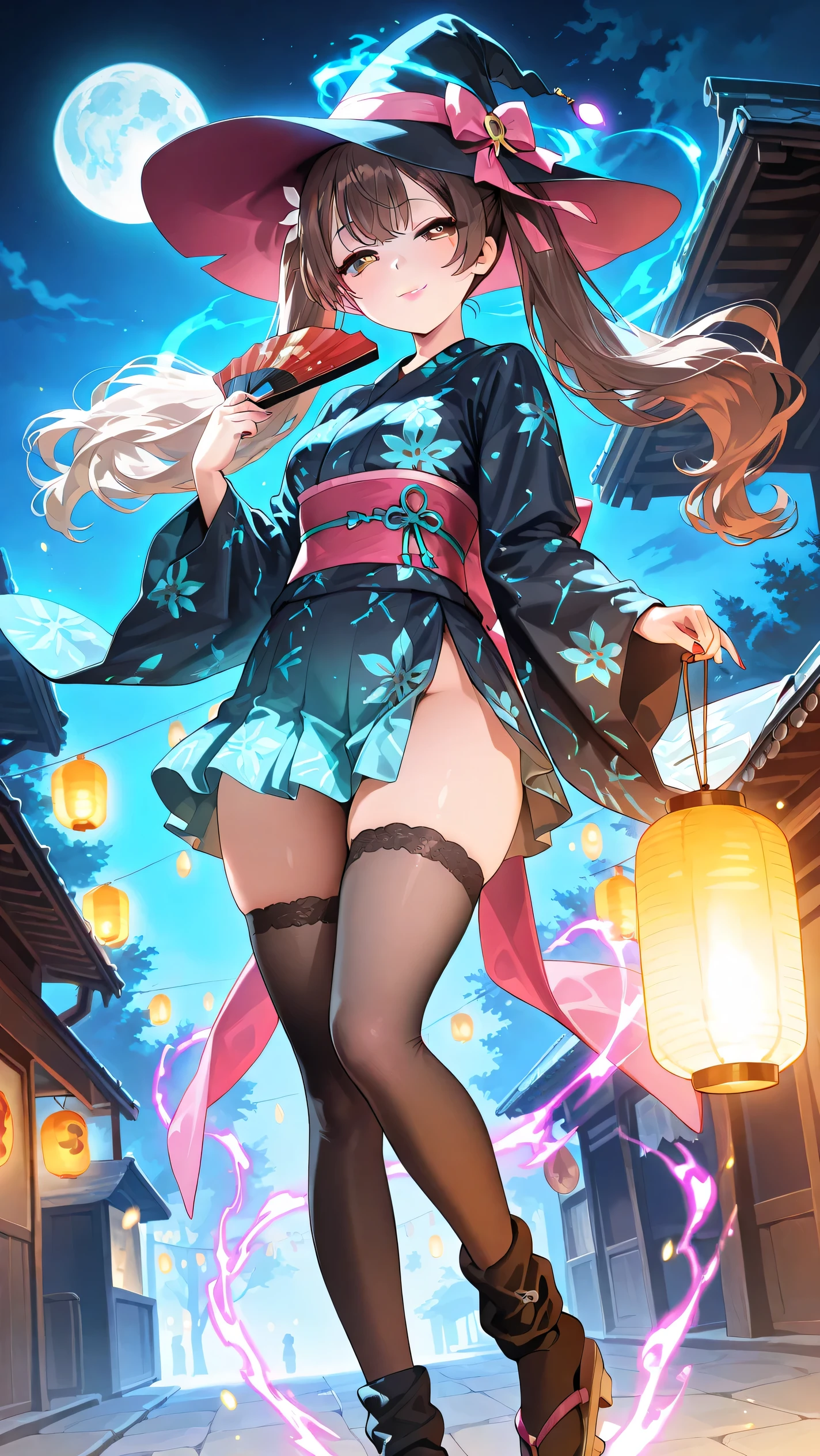 masterpiece, best quality, amazing quality, high detail, 1girl, solo, brown eyes, large eyes, multicolored_hair, brown hair, red streaks, long twintails, soft wavy hair, curvy body, gyaru, glossy lipstick, elegant dark yukata with mystical patterns, flowing sleeves, purple and black gradient fabric, witch hat with long ribbons and charms, wide obi sash with bog bow, decorated hairpin, magical accessories, sheer black thighhighs, white loose socks layered, wooden geta sandals with ribbons, standing under moonlight, casting a magic spell with glowing symbols, holding a folding fan in one hand, gentle mysterious smile, slightly seductive expression, summer night festival, glowing lanterns, full moon, drifting purple magic aura, firefly in the dark,