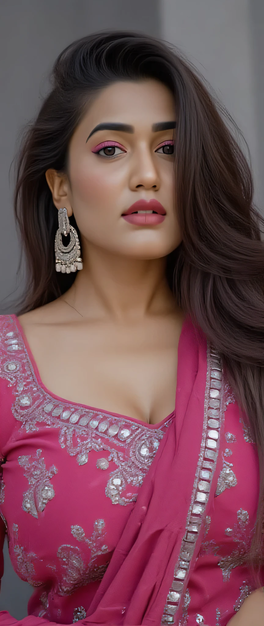 perfect pink eyes, fantastic face, Indian, beautiful look, ((red lips, bright eyes, curve heir 1.5)), ((beautiful details very big breast )), (Straight round and ultra huge clevage, not sagging breast), A glorious gorgeous, glorious gorgeous face, pretty face, bright eyes, detailed elegant printed piggy pink saree and silver work, sexy long hair style beautiful,blurred gray tones background, ultra focus, face illuminated, face detailed, 8k resolution, painted, dry brush, brush strokes, razumov style and garmash style, by Tokaito, ((Full Open )), navel show erotic looks seductive poses, very deep cleavage show