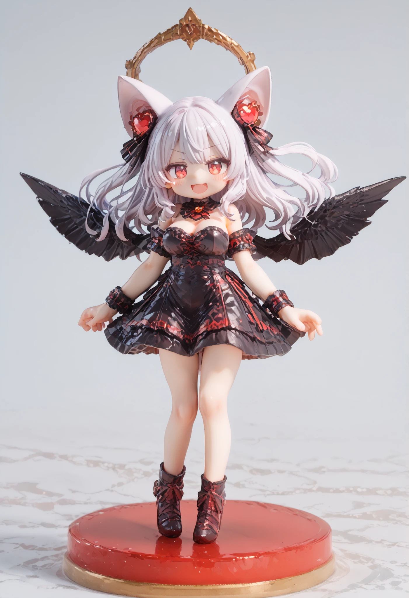  Figure，アニメFigure，cute女の子， masterpiece、 high quality、 details、(((Full Body:3.5，from the front)))，Late Night、 When the light goes out  、 cute、 beautiful eyes、 detailsな瞳，highlight eyes、 eyes emit light  、It is hung with a   、gigantic breast、Chest Valley，Little Devil、  laugh mischievously on the way to school 、Blush，Rouge，Devil's Black Wings  、Horns on the head 、 Clothes with a wide chest、revealing clothes，revealing underwear， put your heart in your eyes  、 Figureの台座に立っている，Stand on a pedestal with the image of the Demon Realm，