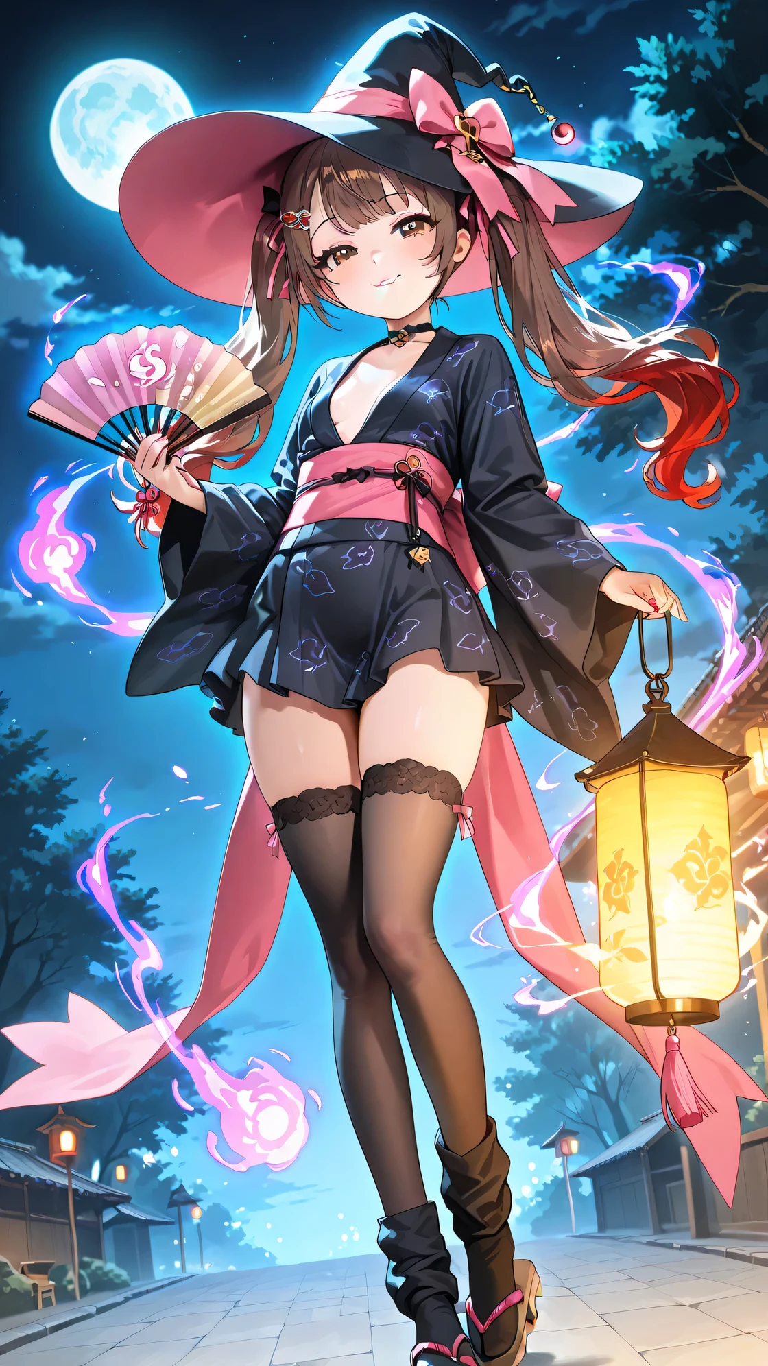 masterpiece, best quality, amazing quality, high detail, 1girl, solo, short stature, beautiful brown eyes, large eyes, multicolored_hair, brown hair, red streaks, long twintails, soft wavy hair, curvy body, gyaru, flat small breasts, glossy pink lipstick, elegant dark yukata with mystical patterns, flowing sleeves, purple and black gradient fabric, witch hat with long ribbons and charms, wide obi sash with big bow, decorated hairpin, magical accessories, sexy sheer black thighhighs, white loose socks layered, wooden geta sandals with ribbons, standing under moonlight, casting a magic spell with glowing symbols, holding a folding fan in one hand and a lantern in the other, gentle mysterious smile, slightly seductive expression, summer night festival, glowing lanterns, full moon, drifting purple magic aura, flying fireball, in the mysterious dark night,