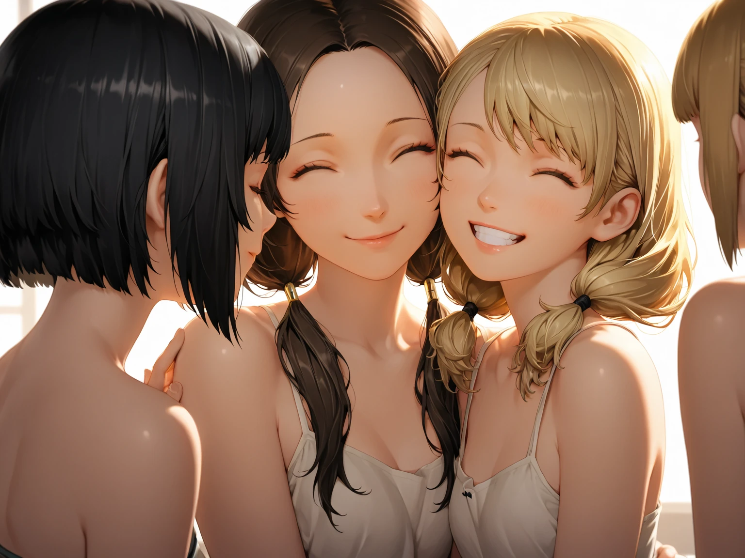 (intense  face), two cute sensual sisters lying, (small ), closed eyes, (eyes realistic sizing, drooping eyes), , sunny sky, soft light, beach, open mouth, crying, tears, messy black hair, necklace,
