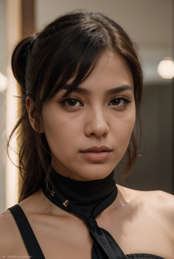 Mujer muy hermosa, Asian, ojos grises, nariz delgada, labios gruesos, cabello  y lacio, fleco en la frente, Shy, muy , collar de naruto, ropa morada, cuerpo delgado 