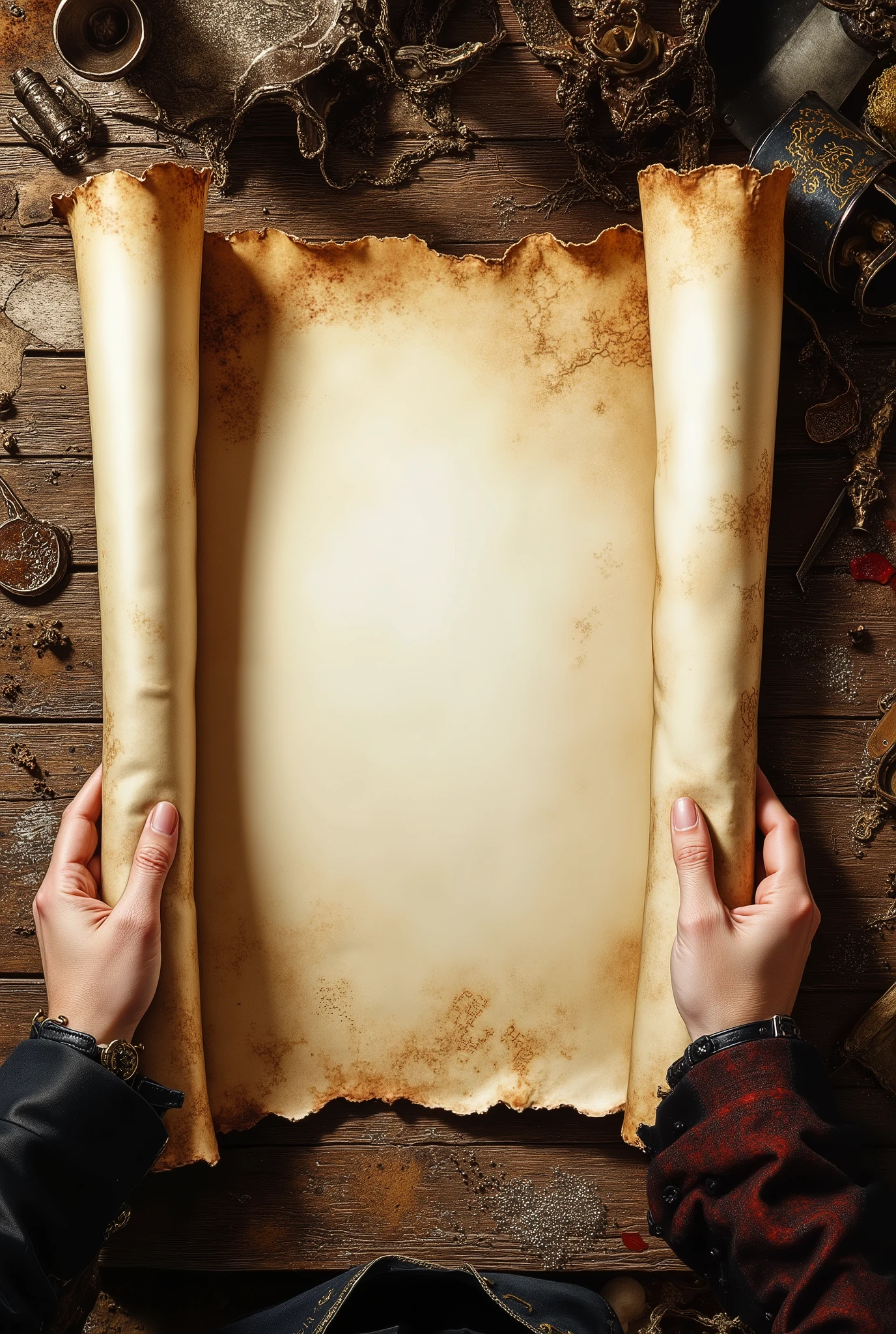 Unfold a blank, faded treasure map on a wooden desktop,Hold down both sides of the map with a pair of pirate captain's hands,Pirate equipment is placed on the table,