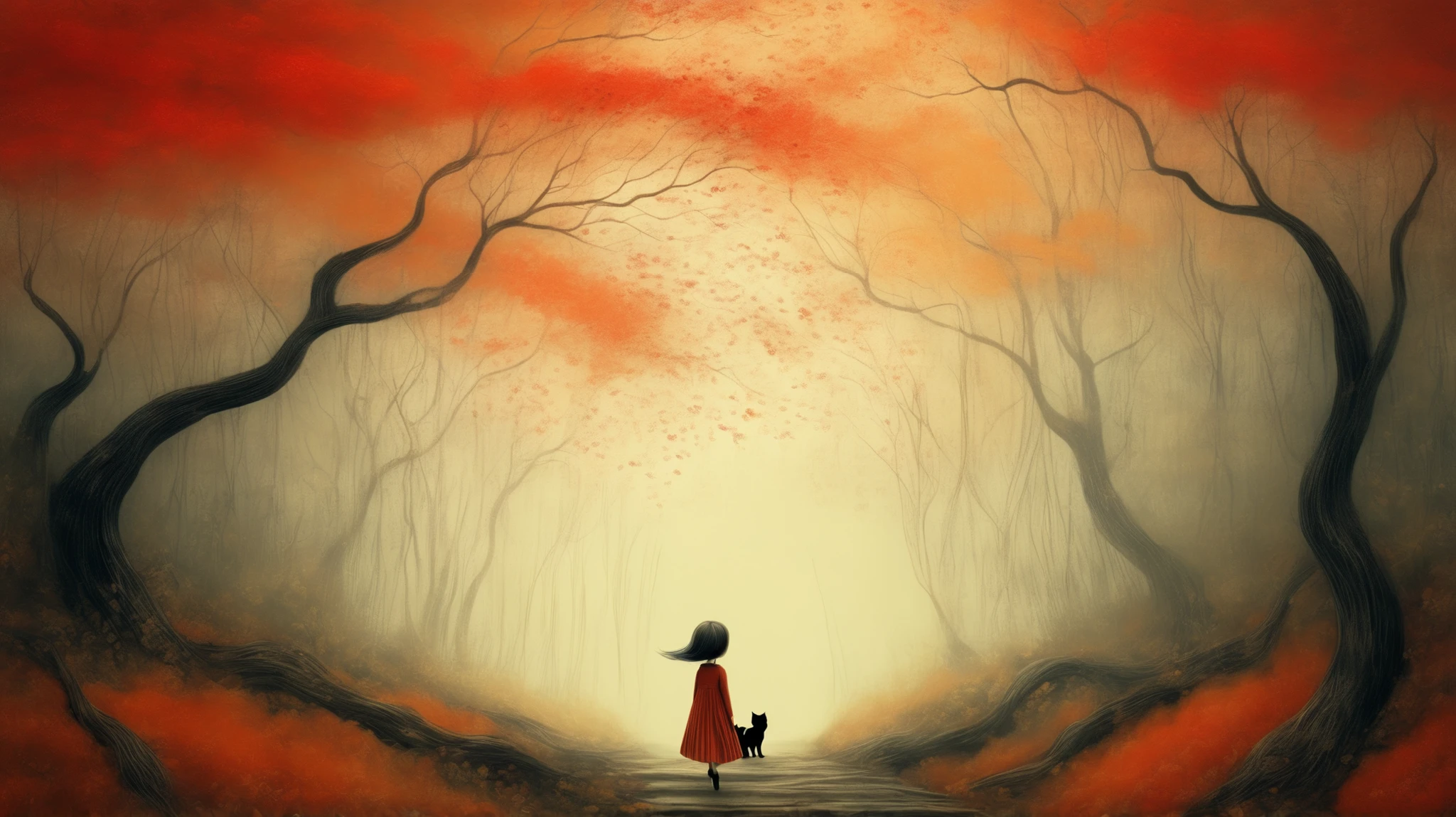 a girl plays with a cat in A path surrounded by trees in autumn, the wind carries the leaves, coloring the landscape in shades of red and orange, detailed, intricate, moody colors, expressive styles, by Nicoletta Ceccoli and Benjamin Lacombe with patterns