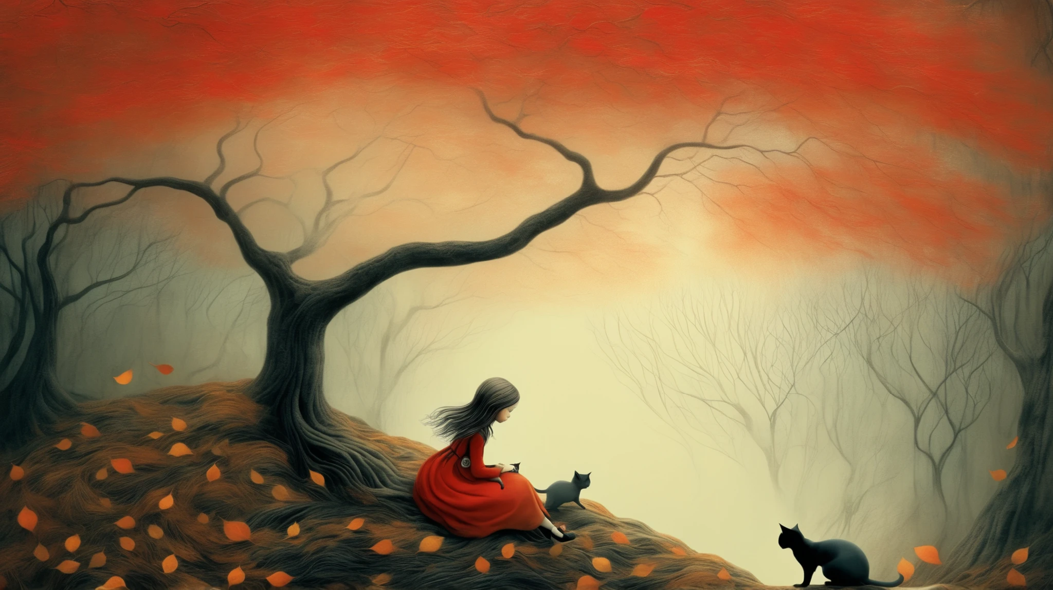 a girl plays with a cat in A path surrounded by trees in autumn, the wind carries the leaves, coloring the landscape in shades of red and orange, detailed, intricate, moody colors, expressive styles, by Nicoletta Ceccoli and Benjamin Lacombe with patterns