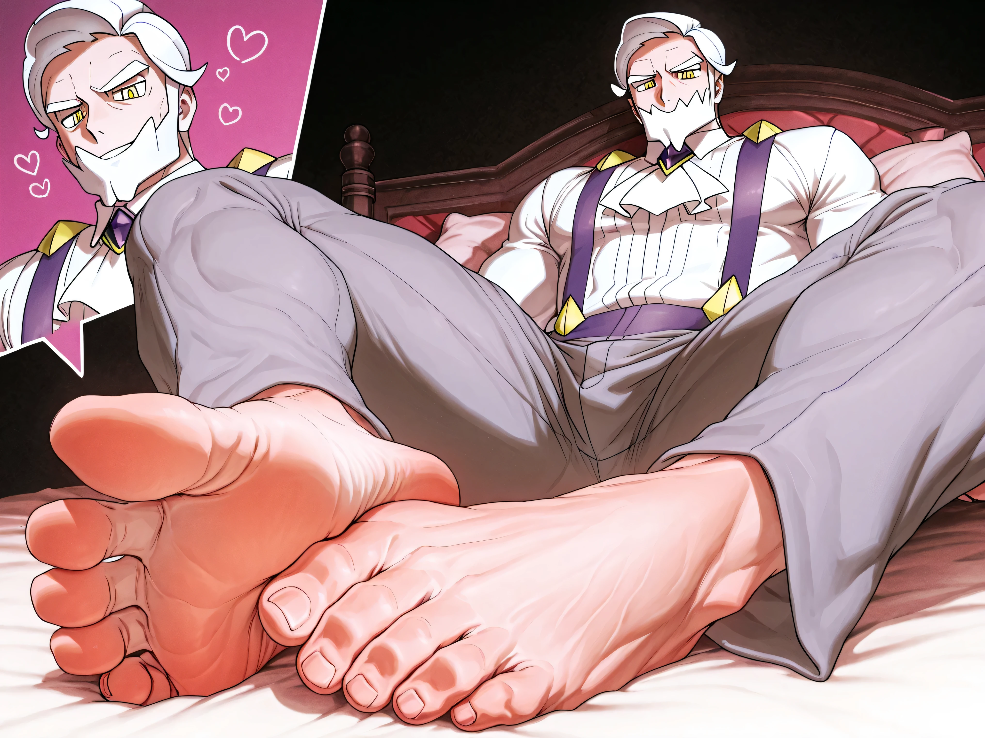 1 male, drayden_pokemon, white hair, yellow eyes, muscular, huge feet, extreme close up on feet, laying down, in bed, grey pants, white shirt, purple suspenders, barefoot, five toes, wearing clothes, looking down at viewer, playful teasing expression, toes curled, r0kud3n4shi