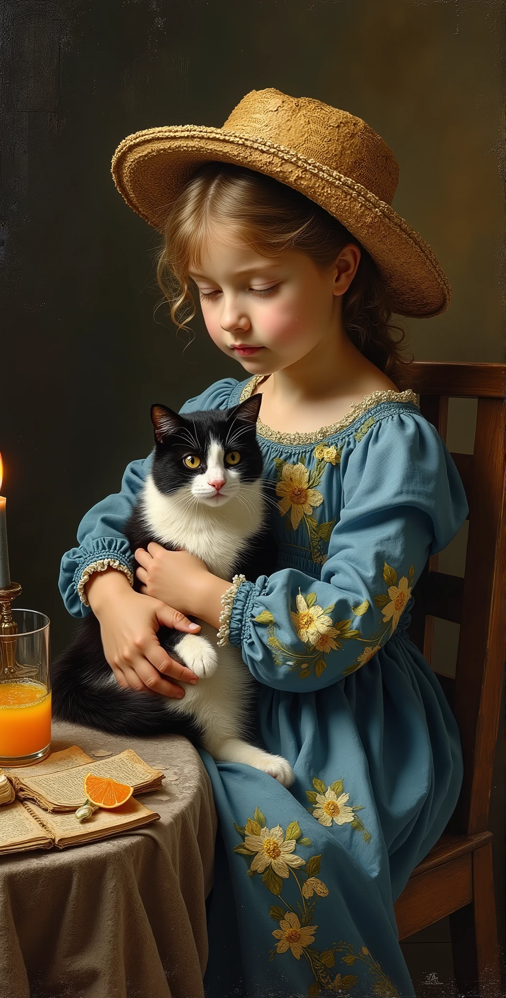 created a painting with oil painting with huge details , In the style of the artist Leonardo Davinci , The art of the era of European Renaissance , A fully detailed painting of a little girl sitting on a chair with her black and white cat in her arms and wearing a torn wicker hat
The girl wears a blue dress decorated with yellow and white flowers. She puts a glass cup of orange juice, an old book and a burning candle on a table. The background is dark. The picture seems cinematic, the angle of view is not taken from the top, an aerial view