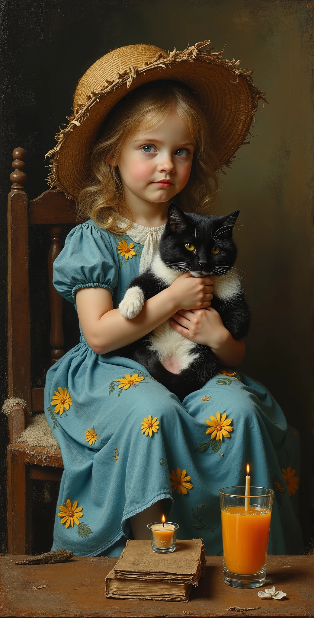 created a painting with oil painting with huge details , In the style of the artist Leonardo Davinci , The art of the era of European Renaissance , A fully detailed painting of a little girl sitting on a chair with her black and white cat in her arms and wearing a torn wicker hat
The girl wears a bright blue dress decorated with yellow and white flowers. She puts a glass of orange juice, an old book and a burning candle on a table. The background is dark. The picture seems cinematic, the angle of view is not taken from the top, an aerial view