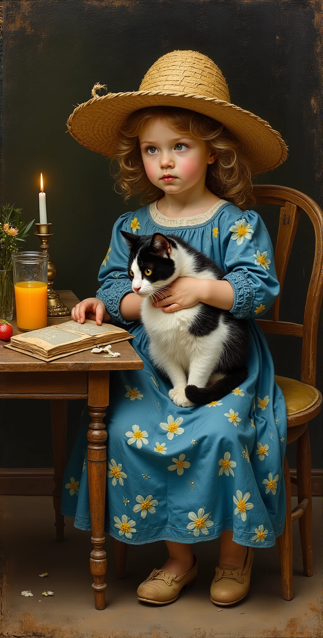 created a painting with oil painting with huge details , In the style of the artist Leonardo Davinci , The art of the era of European Renaissance , A fully detailed painting of a little girl sitting on a chair with her black and white cat in her arms and wearing a torn wicker hat
The girl wears a bright blue dress decorated with yellow and white flowers. She puts a glass of orange juice, an old book and a burning candle on a table. The background is dark. The picture seems cinematic, the angle of view is not taken from the top, an aerial view