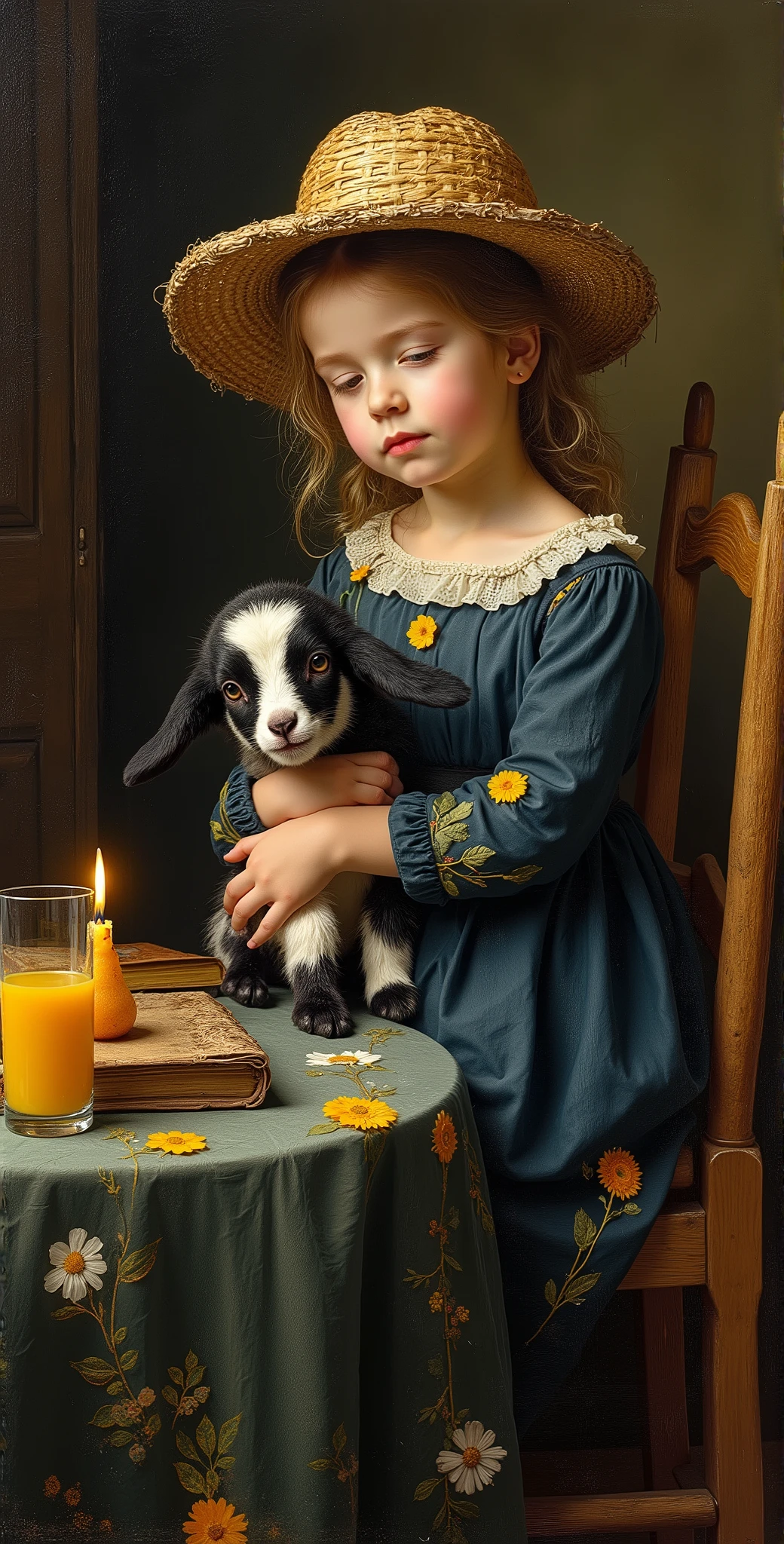 created a painting with oil painting with huge details , In the style of the artist Leonardo Davinci , The art of the era of European Renaissance , A fully detailed painting of a little girl sitting on a chair with a small black and white goat in her arms and wearing a torn wicker hat
The girl wears a dark blue dress decorated with yellow and white flowers. She puts a glass of orange juice, an old book and a burning candle on a table. The background is dark. The picture seems cinematic, the angle of view is not taken from the top, an aerial view