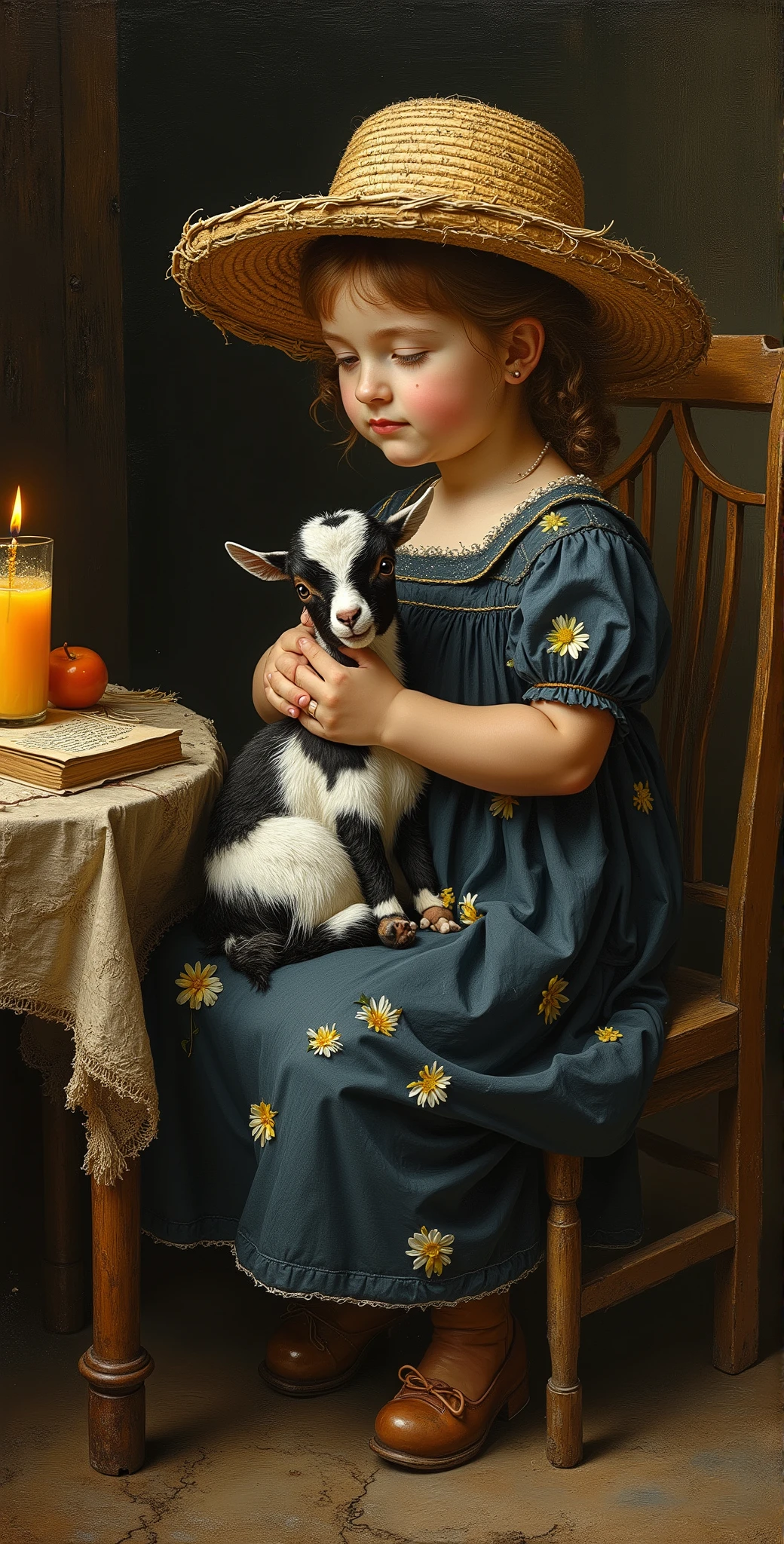 created a painting with oil painting with huge details , In the style of the artist Leonardo Davinci , The art of the era of European Renaissance , A fully detailed painting of a little girl sitting on a chair with a small black and white goat in her arms and wearing a torn wicker hat
The girl wears a dark blue dress decorated with yellow and white flowers. She puts a glass of orange juice, an old book and a burning candle on a table. The background is dark. The picture seems cinematic, the angle of view is not taken from the top, an aerial view close to the girl,