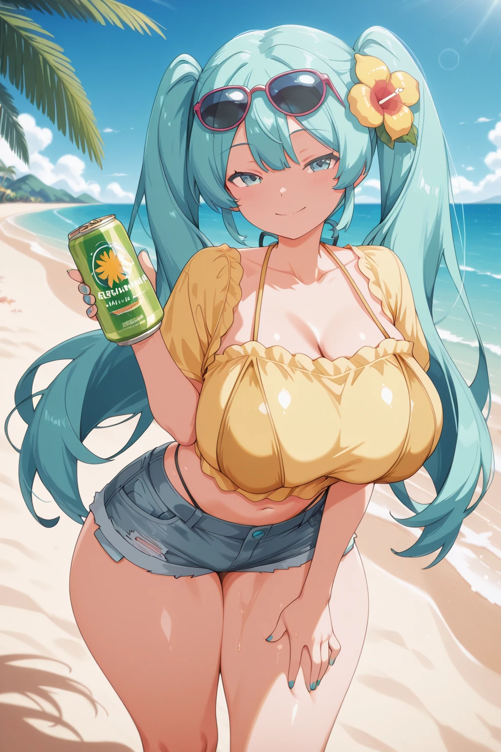 score_9, score_8_up, score_7_up, Dutch Angle, high detail, perfect face, very close-up, 1girl, hatsune miku, standing, outdoors, beach, looking at viewer, beach, palm tree, beach chair, beer can, light beams coming in, (thick thighs:1.5), big breasts, half-closed eyes, relaxed expression, smile, curly hair, messy hair, fluffy hair, happy, pubic hair, tan lines, head tilted, turquoise hair, (bright red flower in hair), ,cleavage, , , ,yellow shirt, brazilian flag, bra straps, , , sunglasses, wide hips, bottom heavy, , blushing, steaming, oily skin, sweating, dark skinned female, Brazilian Girl, flip flops, areola slip, navel, twin tails, dark skin, a bit chubby, (Brazil bikini), exposed shoulder, blurred background, facing viewer, micro bikini, tiny bikini,areola slip, big areola, small bikini top, yellow beer can, erect nipples, hanging breasts, drunk, armpits, puffy nipples
