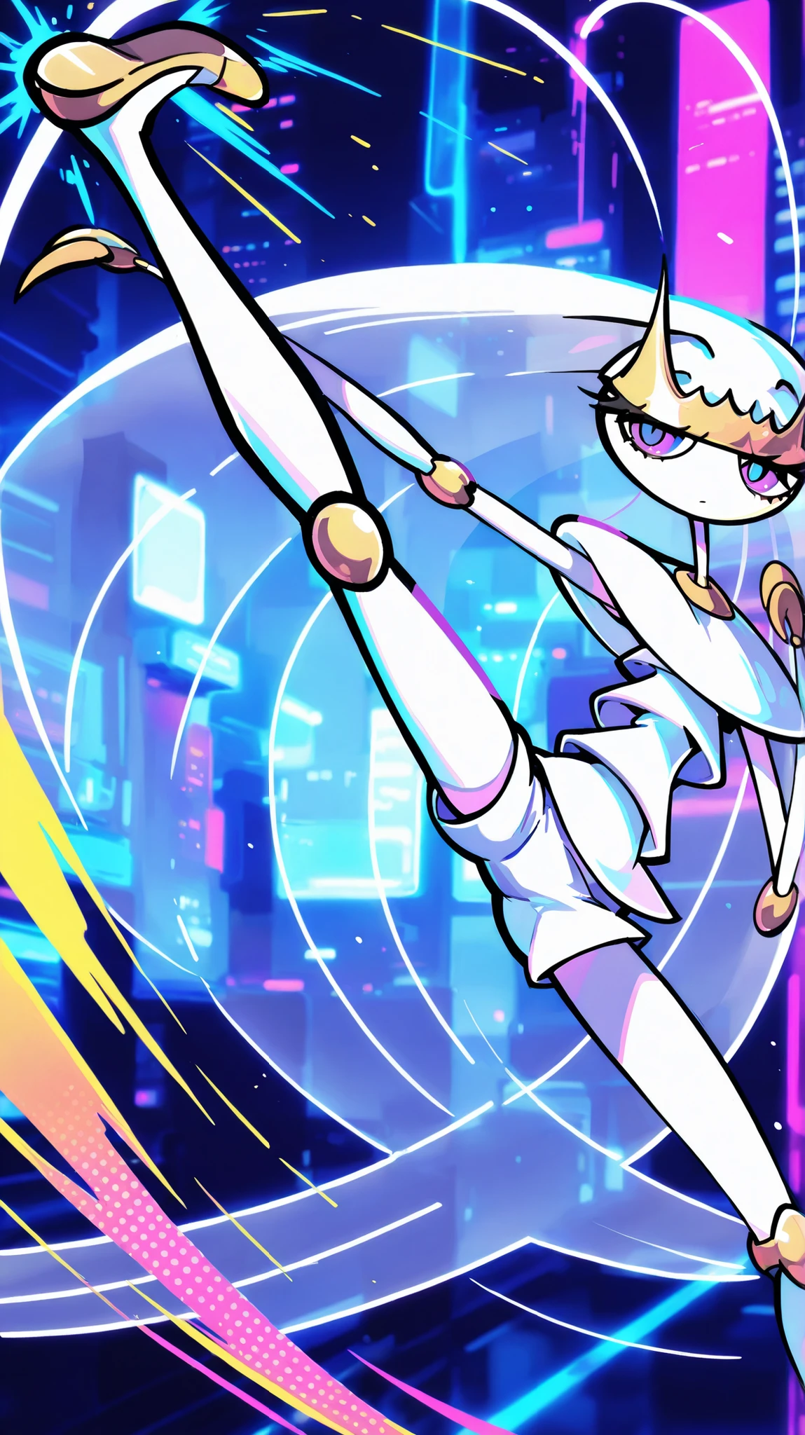 Pheromosa from Pokemon, White Body,Thin Waist, Very Thin Waist, Wasp Waist, Solo,vibrant colors, cel shading, Simplistic Art Style, solo,((round kick:1.3)),side view,(action:1.3),(acrobat:1.3),{cyberpunk background}