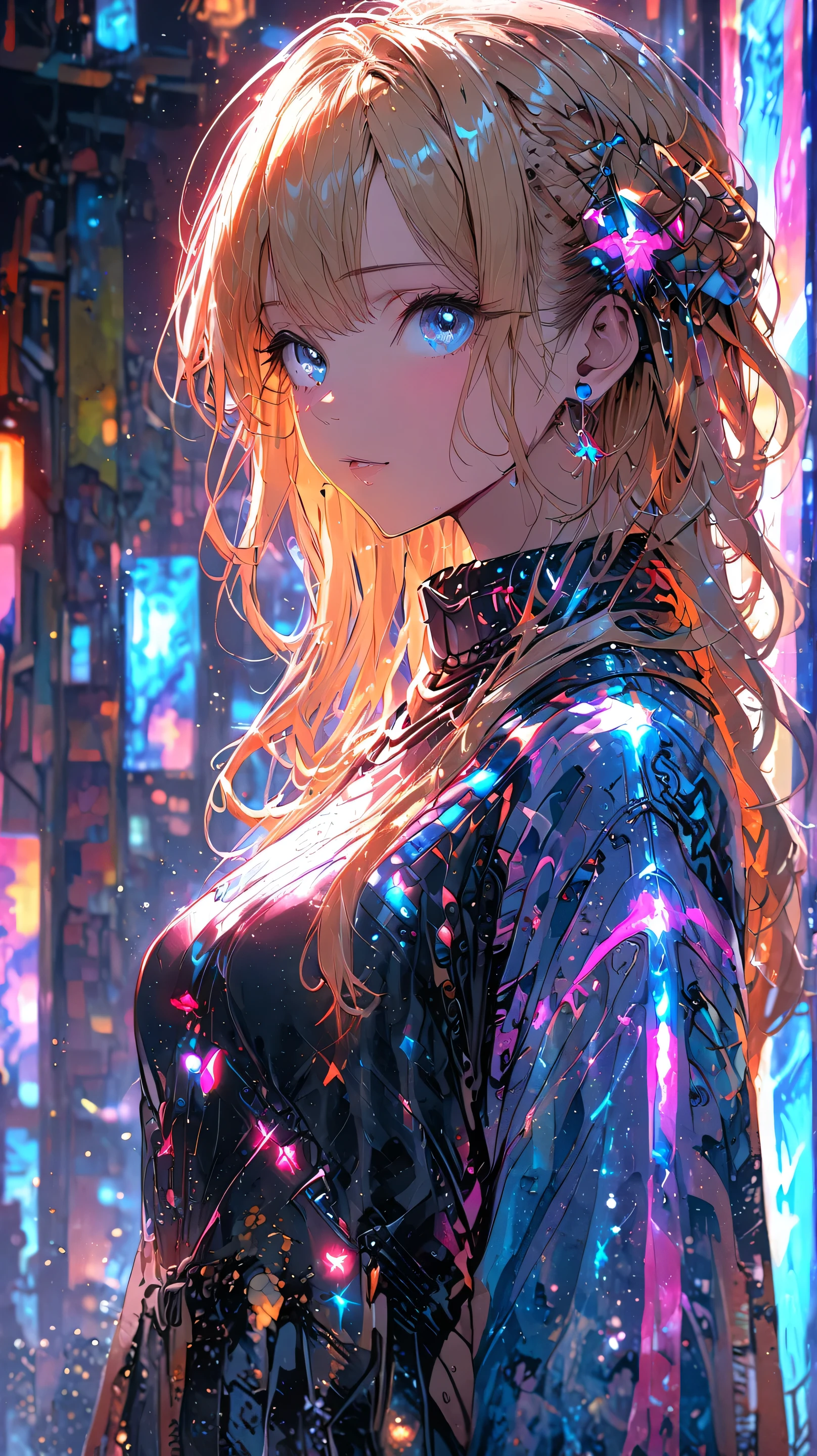 Masterpiece, best quality, chica, listening to music, neon light, illuminated body, Futuristic environment, anime style, high quality, ultra detailed, 8K, vibrant colors, headphones, urban night, cyberpunk atmosphere,with futuristic headphones