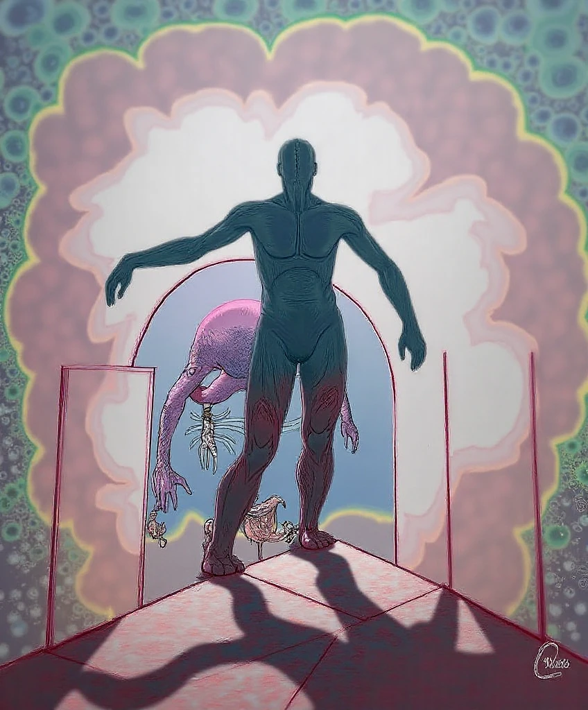 This image is a digital drawing in a surreal, abstract style. The central figure is a muscular,  man, depicted in a dynamic pose, carrying a massive, oversized purple skull on his back. The man's skin is a light brown, and his body is well-defined with prominent muscles. He is bent forward, with his legs slightly bent at the knees, and his feet are firmly planted on the ground, creating a sense of strain and effort. The skull is enormous, occupying most of the upper half of the image, and is also purple, with a detailed texture that resembles a cross between a marble and a stone sculpture. The background features a gradient sky transitioning from pink at the top to a lighter blue at the bottom, dotted with small white stars and a few fluffy, white clouds. The ground is a flat, light purple, with a grid-like pattern that stretches out into the distance, giving the image a sense of depth and perspective. The overall composition is highly stylized and exaggerated, emphasizing the surreal and fantastical nature of the scene.