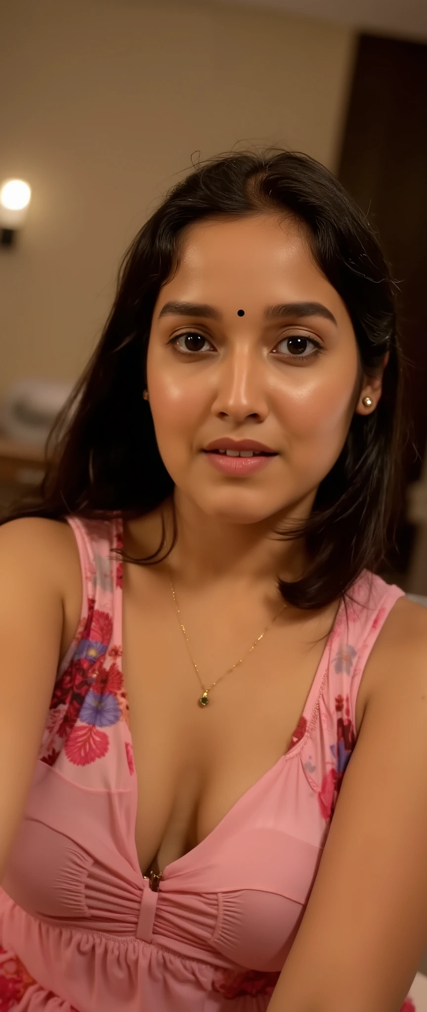 Beautiful married desi woman,((showing navel and cleavage)), nose stud and sexy, she is wearing a lingerie, bedroom, selfie point of view, (close up body bust shot), middlr class bhabhi,  her navel is sexy, dusky