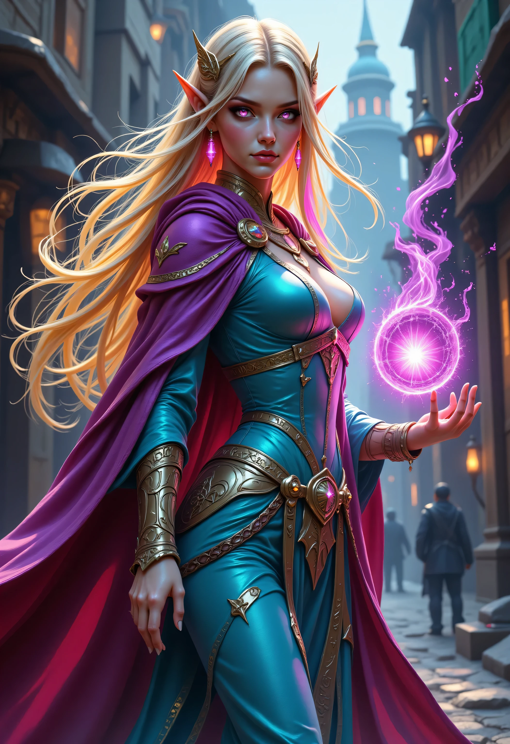 Colorful,a portrait of a female elf (intense details, Masterpiece, best quality) fantasy cleric, fantasy celestial guardian, armed with a holy symbol, shinning holy symbol, metallic shine, an ultra wide shot, full body (intense details, Masterpiece, best quality)epic beautiful woman, blond hair with red streaks, rich hair, glowing eyes, action shot, colorful magical sigils in the air, colorful divine markings floating, holding a holy symbol (intricate details, Masterpiece, best quality), fantasy urban street (intense details, Masterpiece, best quality), multi colored cloak cloak, long cloak, orange armor, sense of daring, sense of adventure, high details, best quality, 16k, [ultra detailed], masterpiece, best quality, (extremely detailed), dynamic angle, ultra wide shot, photorealistic, RAW, fantasy art, dnd art,fantasy art, realistic art