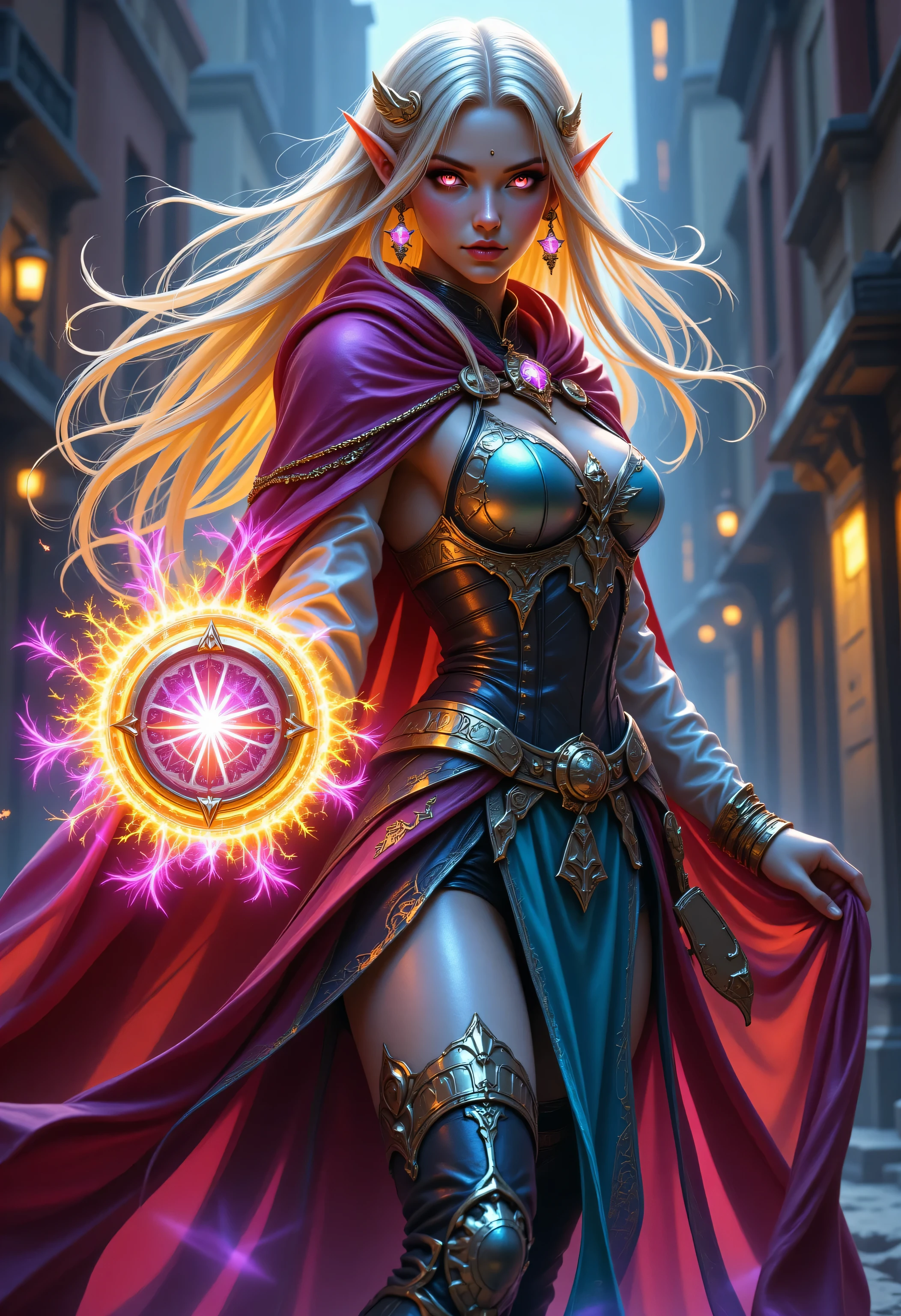 Colorful,a portrait of a female elf (intense details, Masterpiece, best quality) fantasy cleric, fantasy celestial guardian, armed with a holy symbol, shinning holy symbol, metallic shine, an ultra wide shot, full body (intense details, Masterpiece, best quality)epic beautiful woman, blond hair with red streaks, rich hair, glowing eyes, action shot, colorful magical sigils in the air, colorful divine markings floating, holding a holy symbol (intricate details, Masterpiece, best quality), fantasy urban street (intense details, Masterpiece, best quality), multi colored cloak cloak, long cloak, orange armor, sense of daring, sense of adventure, high details, best quality, 16k, [ultra detailed], masterpiece, best quality, (extremely detailed), dynamic angle, ultra wide shot, photorealistic, RAW, fantasy art, dnd art,fantasy art, realistic art
