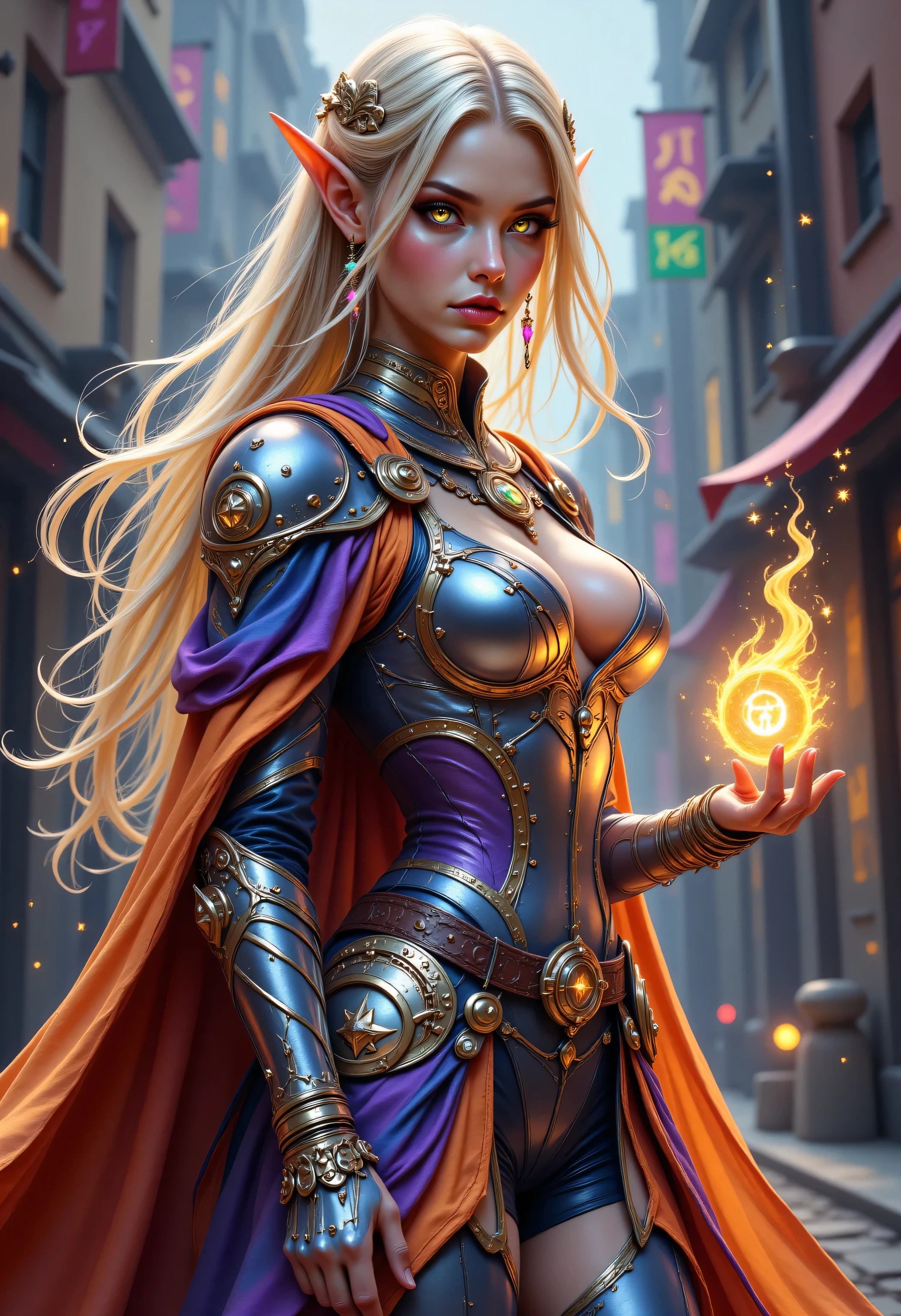 FntsyPstlCE style,Colorful,a portrait of a female elf (intense details, Masterpiece, best quality) fantasy cleric, fantasy celestial guardian, armed with a holy symbol, shinning holy symbol, metallic shine, an ultra wide shot, full body (intense details, Masterpiece, best quality)epic beautiful woman, blond hair with red streaks, rich hair, glowing eyes, action shot, colorful magical sigils in the air, colorful divine markings floating, holding a holy symbol (intricate details, Masterpiece, best quality), fantasy urban street (intense details, Masterpiece, best quality), multi colored cloak cloak, long cloak, orange armor, sense of daring, sense of adventure, high details, best quality, 16k, [ultra detailed], masterpiece, best quality, (extremely detailed), dynamic angle, ultra wide shot, photorealistic, RAW, fantasy art, dnd art,fantasy art, realistic art
