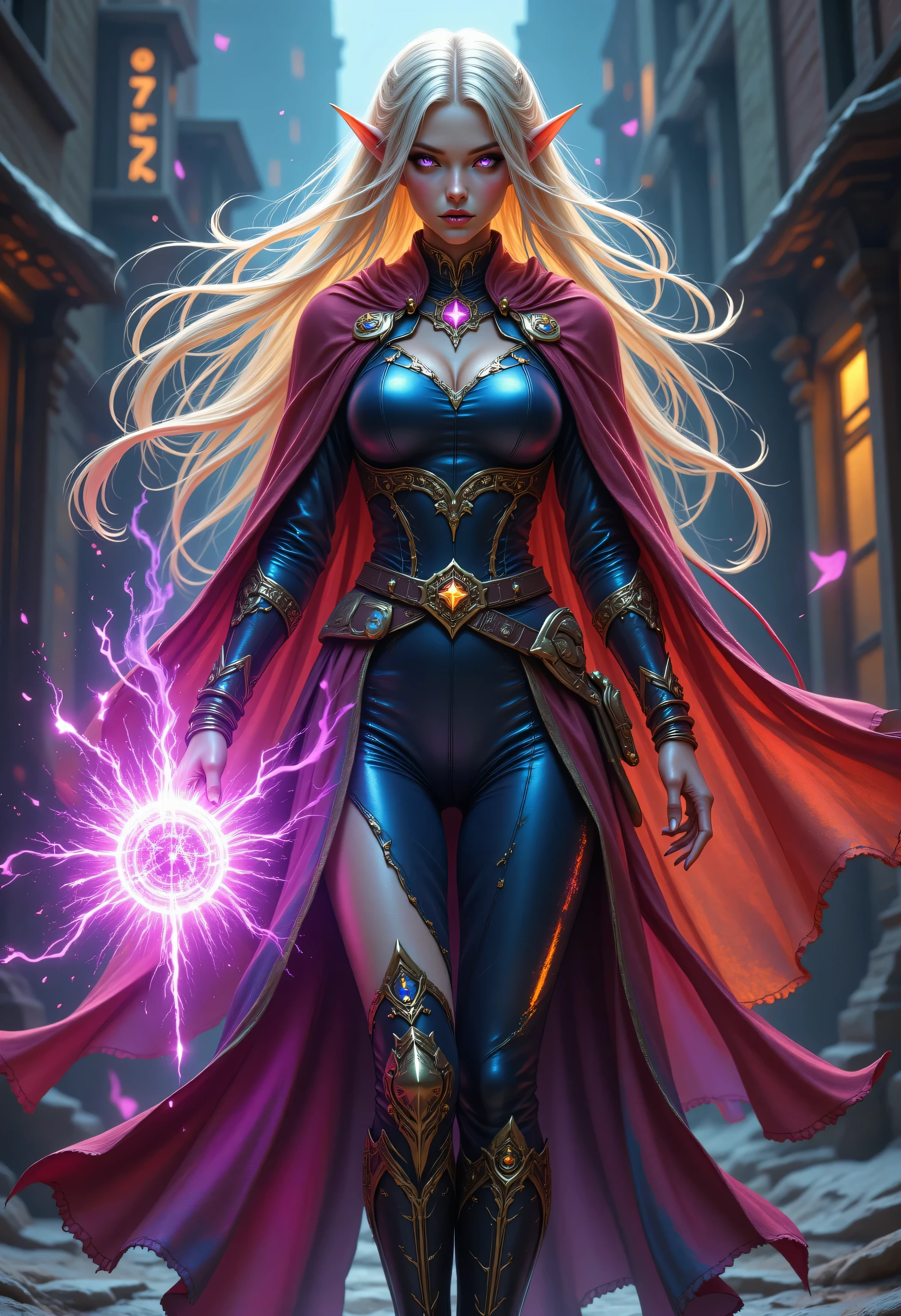 Colorful,a portrait of a female elf (intense details, Masterpiece, best quality) fantasy cleric, fantasy celestial guardian, armed with a holy symbol, shinning holy symbol, metallic shine, an ultra wide shot, full body (intense details, Masterpiece, best quality)epic beautiful woman, blond hair with red streaks, rich hair, glowing eyes, action shot, colorful magical sigils in the air, colorful divine markings floating, holding a holy symbol (intricate details, Masterpiece, best quality), fantasy urban street (intense details, Masterpiece, best quality), multi colored cloak cloak, long cloak, orange armor, sense of daring, sense of adventure, high details, best quality, 16k, [ultra detailed], masterpiece, best quality, (extremely detailed), dynamic angle, ultra wide shot, photorealistic, RAW, fantasy art, dnd art,fantasy art, realistic art