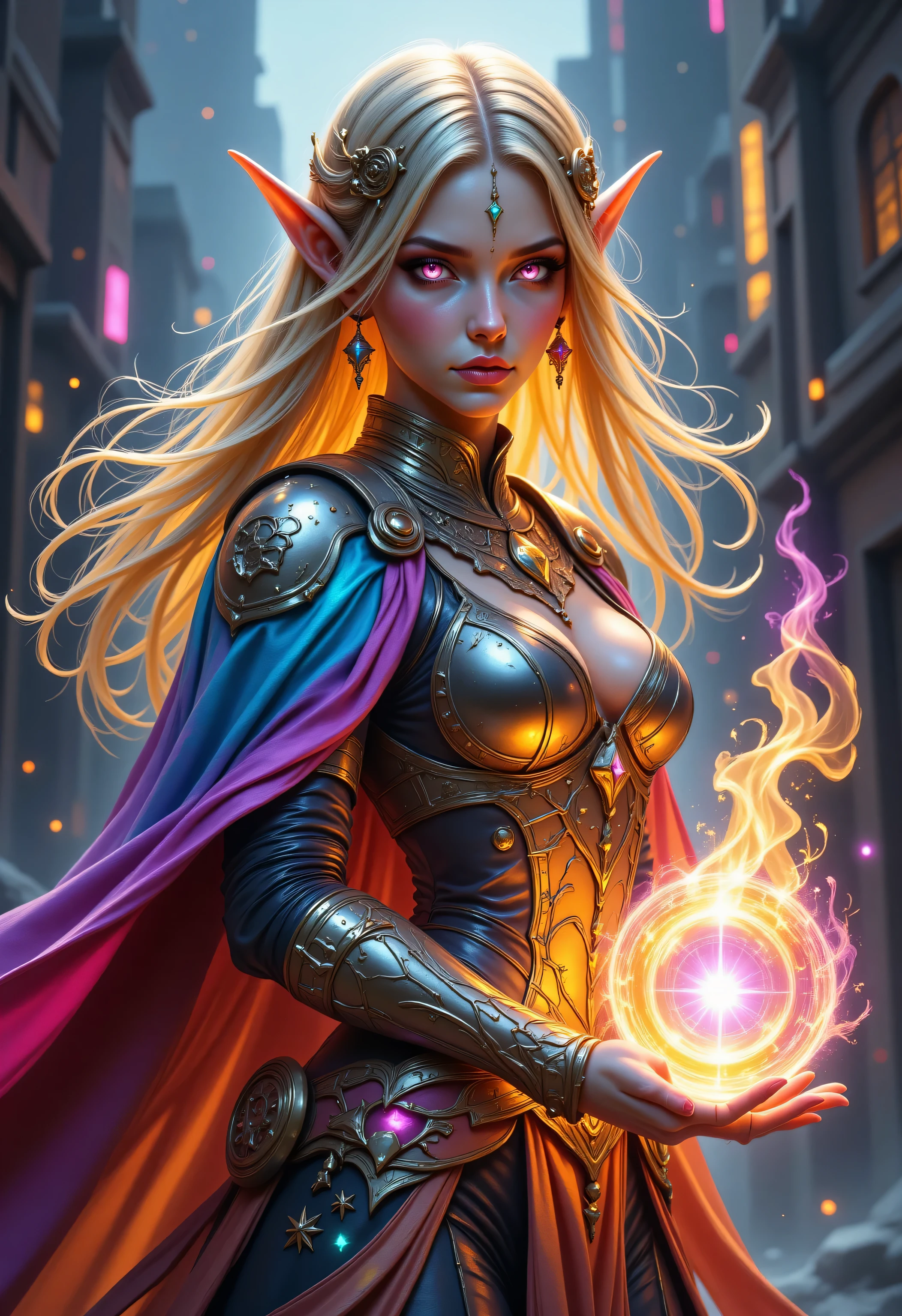 FntsyPstlCE style,Colorful,a portrait of a female elf (intense details, Masterpiece, best quality) fantasy cleric, fantasy celestial guardian, armed with a holy symbol, shinning holy symbol, metallic shine, an ultra wide shot, full body (intense details, Masterpiece, best quality)epic beautiful woman, dual  colored hair blond hair and red hairm , rich hair, glowing eyes, action shot, colorful magical sigils in the air, colorful divine markings floating, holding a holy symbol (intricate details, Masterpiece, best quality), fantasy urban street (intense details, Masterpiece, best quality), multi colored cloak cloak, long cloak, orange armor, sense of daring, sense of adventure, high details, best quality, 16k, [ultra detailed], masterpiece, best quality, (extremely detailed), dynamic angle, ultra wide shot, photorealistic, RAW, fantasy art, dnd art,fantasy art, realistic art