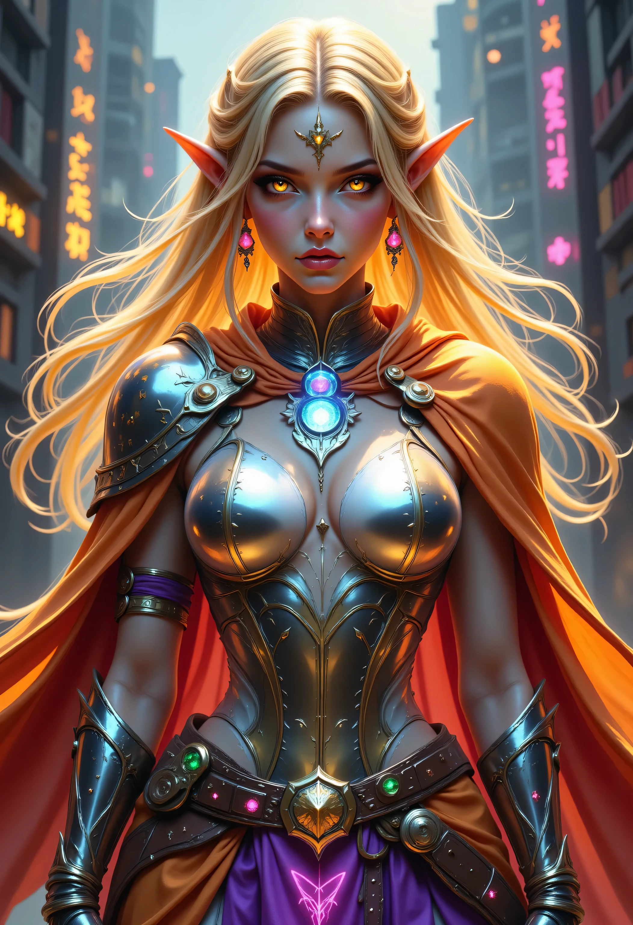 FntsyPstlCE style,Colorful,a portrait of a female elf (intense details, Masterpiece, best quality) fantasy cleric, fantasy celestial guardian, armed with a holy symbol, shinning holy symbol, metallic shine, an ultra wide shot, full body (intense details, Masterpiece, best quality)epic beautiful woman, dual  colored hair blond hair and red hairm , rich hair, glowing eyes, action shot, colorful magical sigils in the air, colorful divine markings floating, holding a holy symbol (intricate details, Masterpiece, best quality), fantasy urban street (intense details, Masterpiece, best quality), multi colored cloak cloak, long cloak, orange armor, sense of daring, sense of adventure, high details, best quality, 16k, [ultra detailed], masterpiece, best quality, (extremely detailed), dynamic angle, ultra wide shot, photorealistic, RAW, fantasy art, dnd art,fantasy art, realistic art