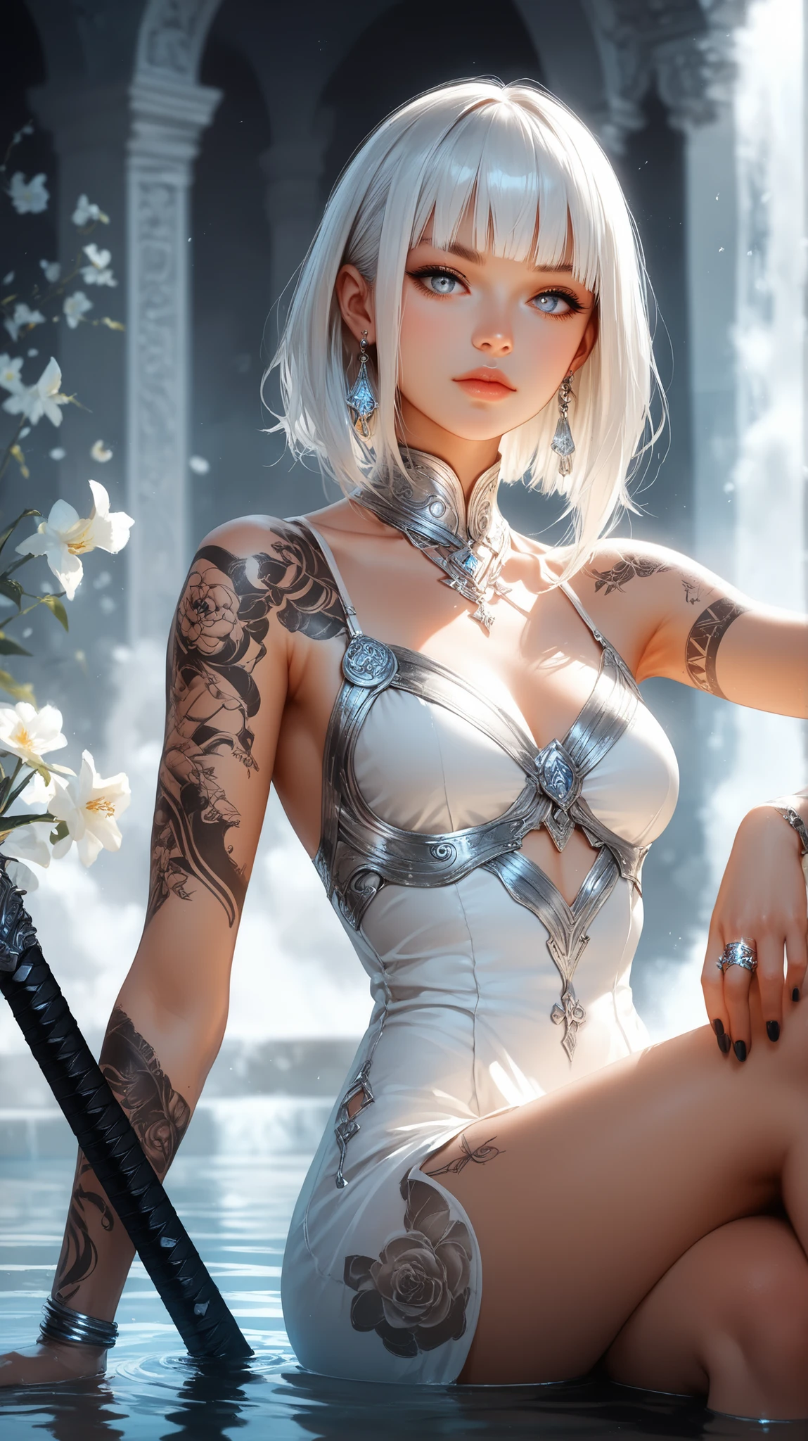 1girl, solo,weapon, solo, sword, sheath, holding sheath, white hair, jewelry, sitting, tattoo, black nails, bangs, flower, white eyes, blunt bangs, earrings, looking at viewer, white dress, dress, crossed legs, ring, grey eyes, water, medium hair, breasts, leg tattoo, fingernails, white theme, closed mouth, white nails, short hair, partially submerged, chromatic aberration, detailed lighting, dynamic angle,
,masterpiece,best quality,