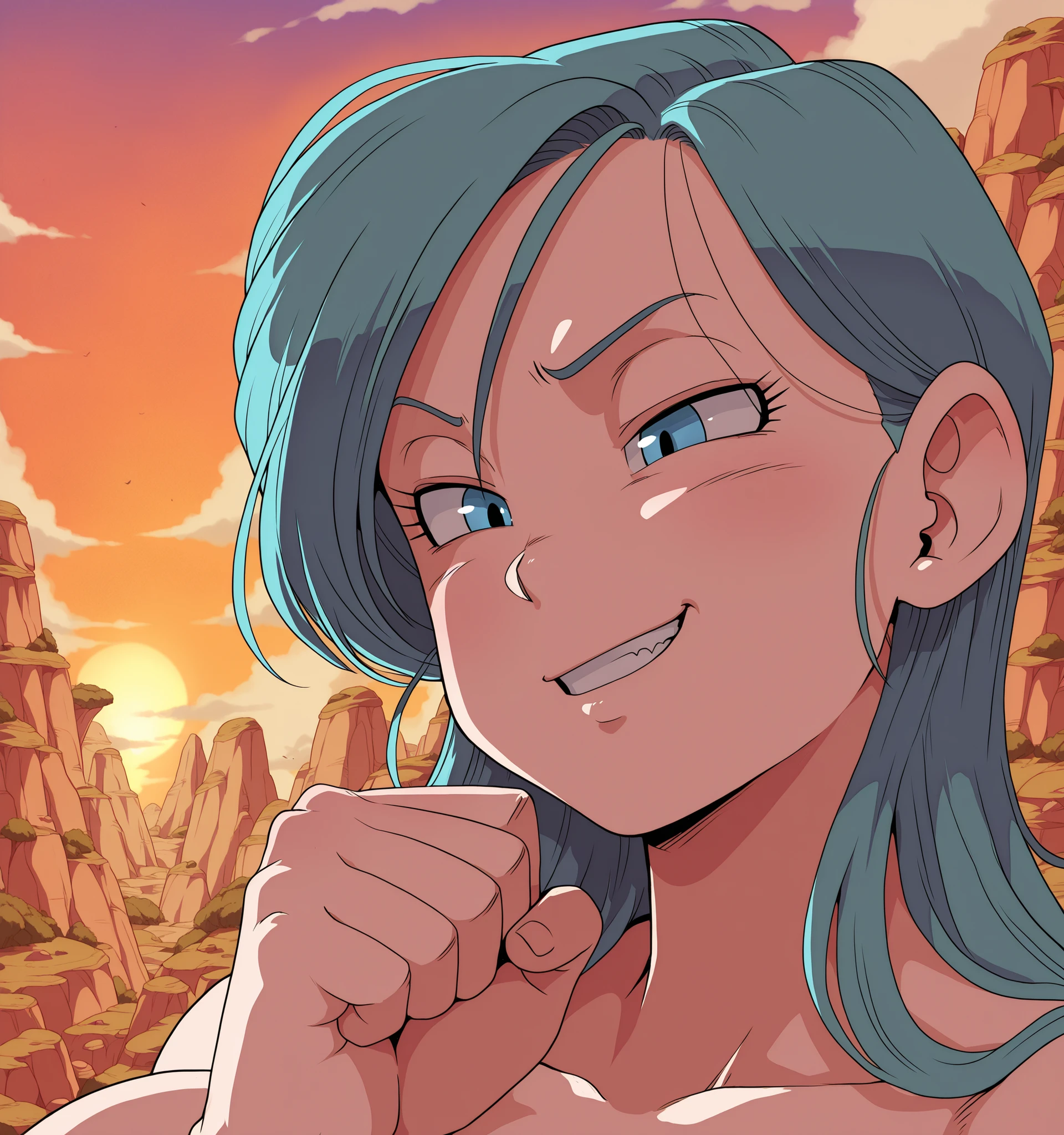 Dragon Ball Z, closeup portrait, Bulma naked, holding her closed fist up to her face, long blue hair, horny expression, smirk, looking at her fist, amazing rock mountains nature background, sunset, best quality, intricately detailed, materpiece, perfect anatomy,