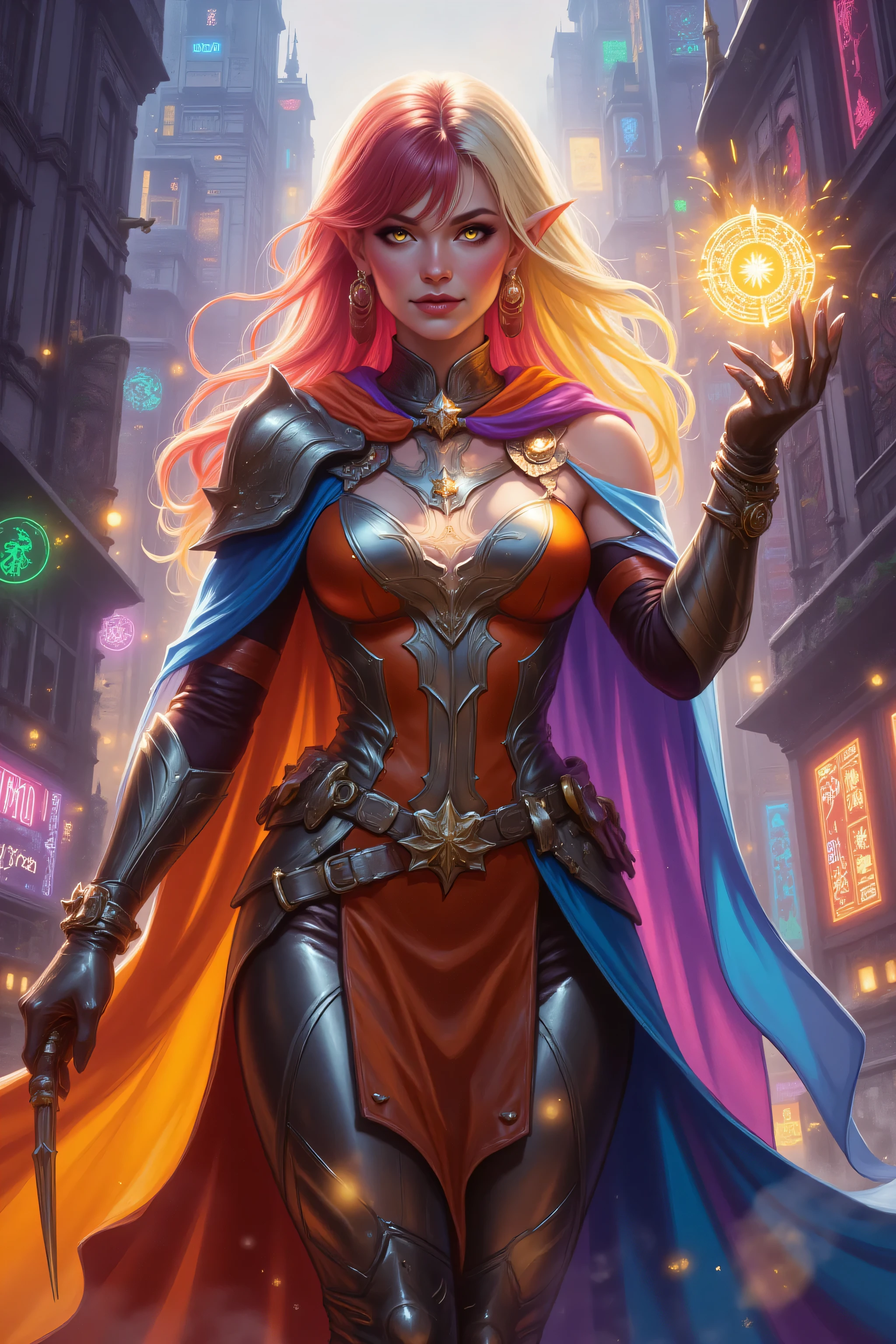 FntsyPstlCE style,Colorful,a portrait of a female elf (intense details, Masterpiece, best quality) fantasy cleric, fantasy celestial guardian, armed with a holy symbol, shinning holy symbol, metallic shine, an ultra wide shot, full body (intense details, Masterpiece, best quality)epic beautiful woman, dual  colored hair blond hair and red hairm , rich hair, glowing eyes, action shot, colorful magical sigils in the air, colorful divine markings floating, holding a holy symbol (intricate details, Masterpiece, best quality), fantasy urban street (intense details, Masterpiece, best quality), multi colored cloak cloak, long cloak, orange armor, sense of daring, sense of adventure, high details, best quality, 16k, [ultra detailed], masterpiece, best quality, (extremely detailed), dynamic angle, ultra wide shot, photorealistic, RAW, fantasy art, dnd art,fantasy art, realistic art
