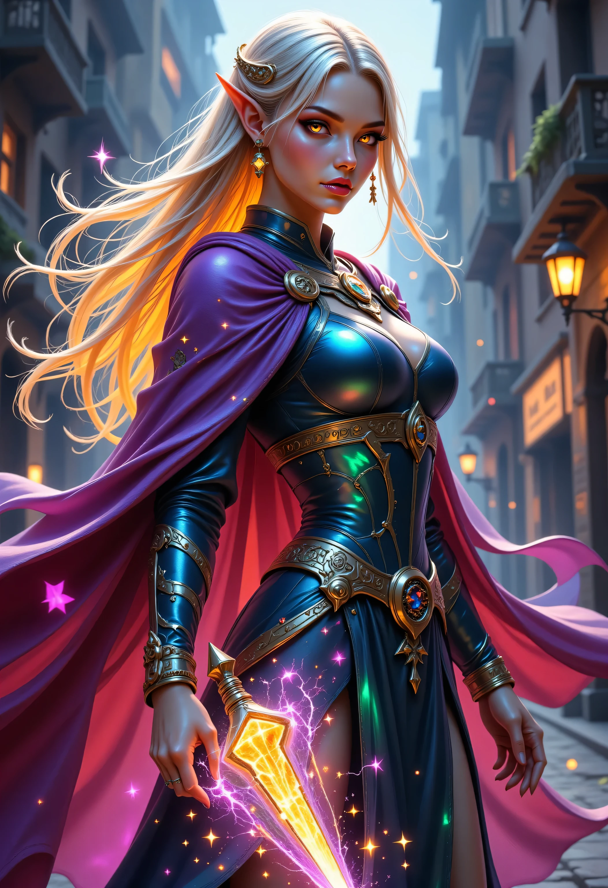 Colorful,a portrait of a female elf (intense details, Masterpiece, best quality) fantasy cleric, fantasy celestial guardian, armed with a holy symbol, shinning holy symbol, metallic shine, an ultra wide shot, full body (intense details, Masterpiece, best quality)epic beautiful woman, blond hair with red streaks, rich hair, glowing eyes, action shot, colorful magical sigils in the air, colorful divine markings floating, holding a holy symbol (intricate details, Masterpiece, best quality), fantasy urban street (intense details, Masterpiece, best quality), multi colored cloak cloak, long cloak, orange armor, sense of daring, sense of adventure, high details, best quality, 16k, [ultra detailed], masterpiece, best quality, (extremely detailed), dynamic angle, ultra wide shot, photorealistic, RAW, fantasy art, dnd art,fantasy art, realistic art