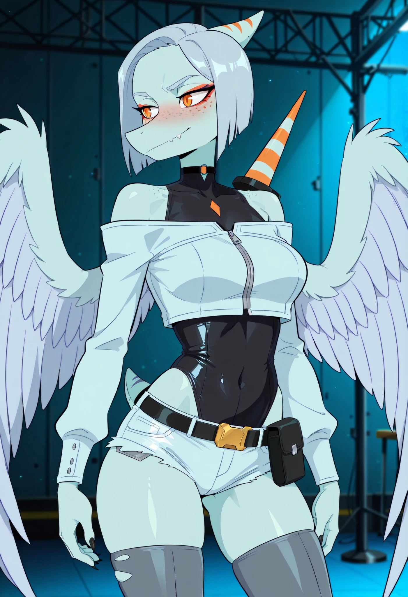masterpiece, best quality, amazing quality, anime coloring, fang_gvh, orange eyes, short tail, solo, white spread wings, black claws, orange makeup, purple eyelashed, furry, pterodactylus, long snoot, anime accurate, detailed, beautiful, long nose, wings, anthro, lizard female, vector, middle , blushed, freckles, short tail, winged, (4fingers), grey body, stage, blushed, horn on back, short hair, off-shoulder jacket, white jacket, black leotard, hip vents, micro shorts, white shorts, black belt, belt pouch, grey thighhighs