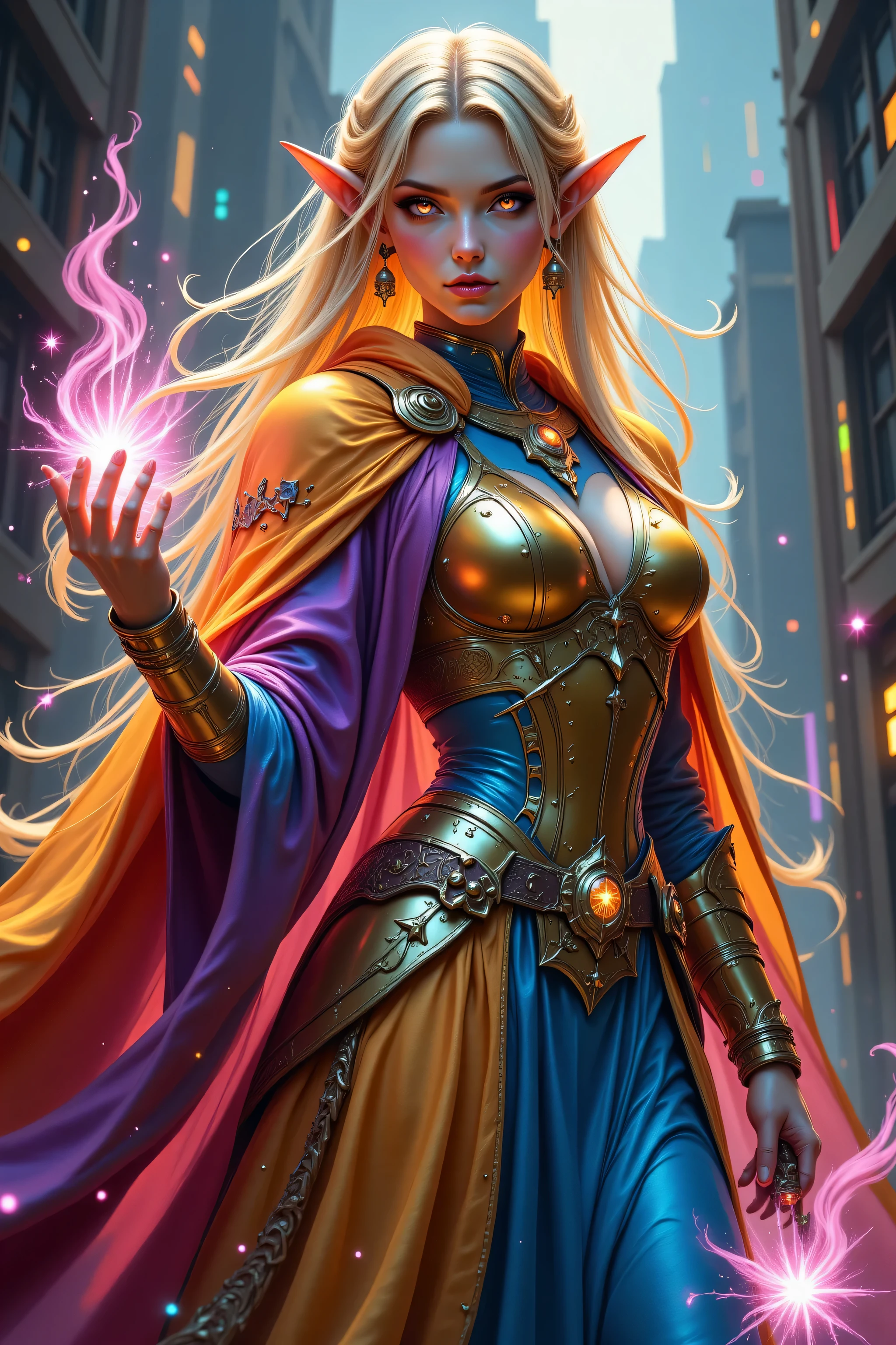 FntsyPstlCE style,Colorful,a portrait of a female elf (intense details, Masterpiece, best quality) fantasy cleric, fantasy celestial guardian, armed with a holy symbol, shinning holy symbol, metallic shine, an ultra wide shot, full body (intense details, Masterpiece, best quality)epic beautiful woman, dual  colored hair blond hair and red hairm , rich hair, glowing eyes, action shot, colorful magical sigils in the air, colorful divine markings floating, holding a holy symbol (intricate details, Masterpiece, best quality), fantasy urban street (intense details, Masterpiece, best quality), multi colored cloak cloak, long cloak, orange armor, sense of daring, sense of adventure, high details, best quality, 16k, [ultra detailed], masterpiece, best quality, (extremely detailed), dynamic angle, ultra wide shot, photorealistic, RAW, fantasy art, dnd art,fantasy art, realistic art