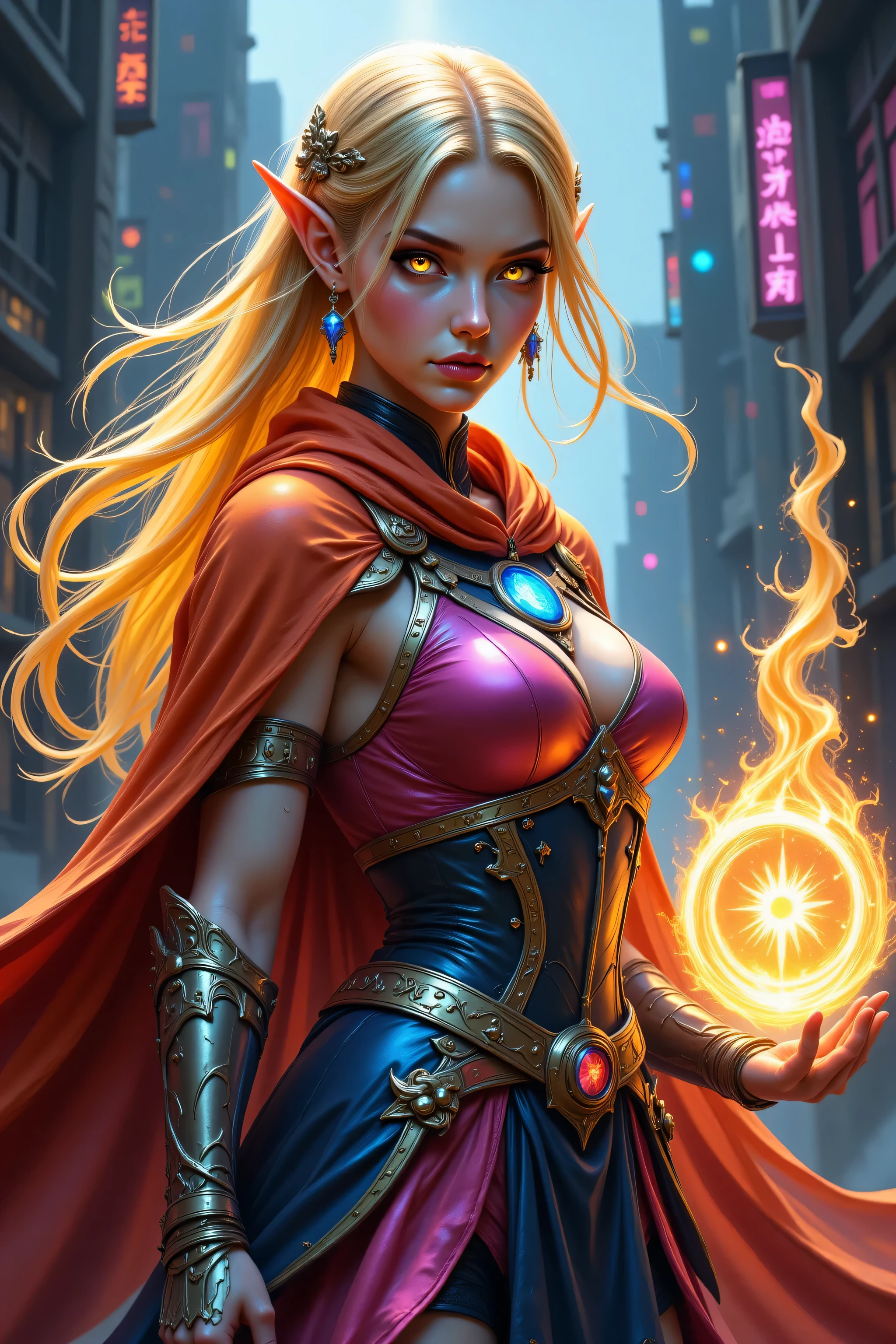 FntsyPstlCE style,Colorful,a portrait of a female elf (intense details, Masterpiece, best quality) fantasy cleric, fantasy celestial guardian, armed with a holy symbol, shinning holy symbol, metallic shine, an ultra wide shot, full body (intense details, Masterpiece, best quality)epic beautiful woman, dual  colored hair blond hair and red hairm , rich hair, glowing eyes, action shot, colorful magical sigils in the air, colorful divine markings floating, holding a holy symbol (intricate details, Masterpiece, best quality), fantasy urban street (intense details, Masterpiece, best quality), multi colored cloak cloak, long cloak, orange armor, sense of daring, sense of adventure, high details, best quality, 16k, [ultra detailed], masterpiece, best quality, (extremely detailed), dynamic angle, ultra wide shot, photorealistic, RAW, fantasy art, dnd art,fantasy art, realistic art