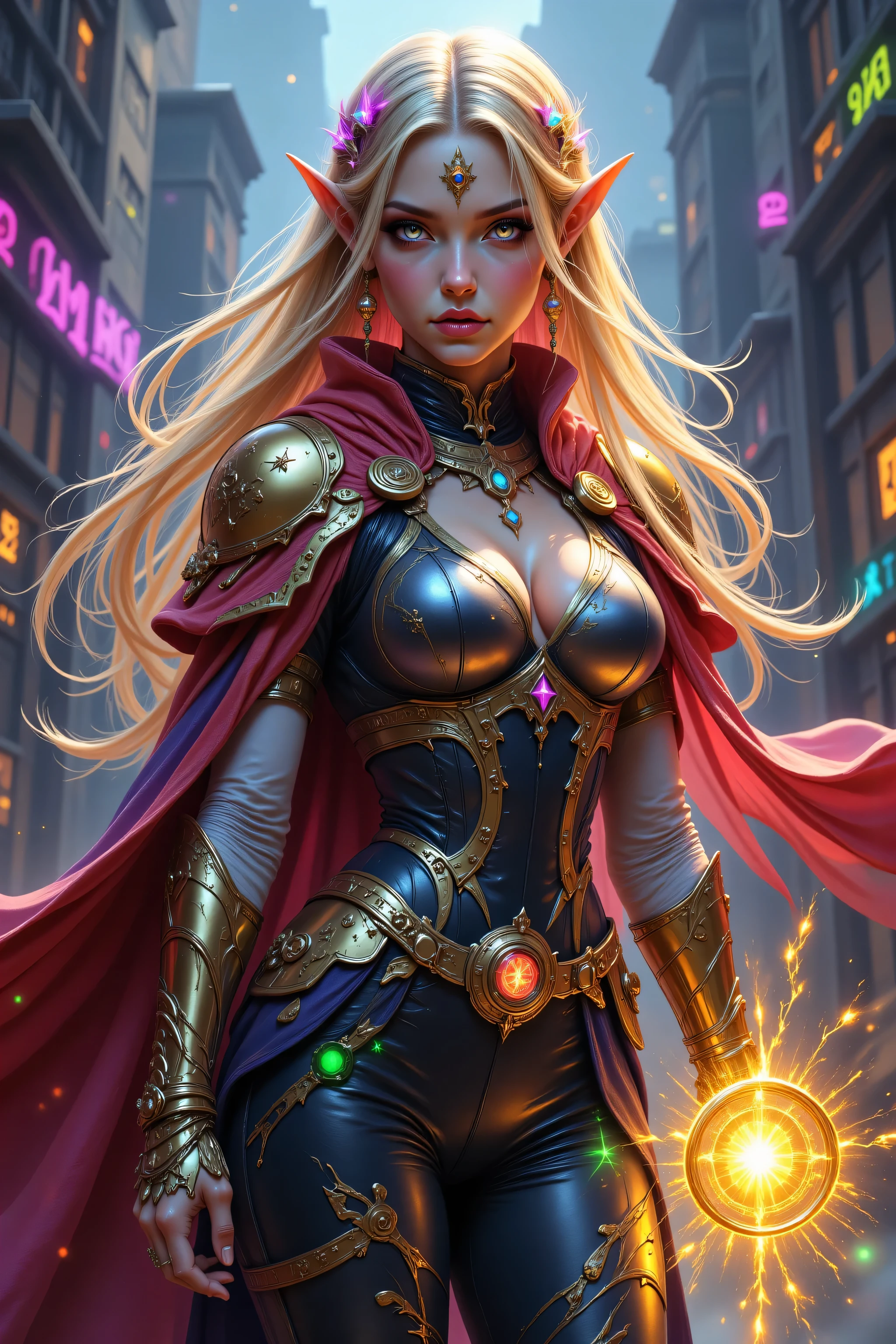 FntsyPstlCE style,Colorful,a portrait of a female elf (intense details, Masterpiece, best quality) fantasy cleric, fantasy celestial guardian, armed with a holy symbol, shinning holy symbol, metallic shine, an ultra wide shot, full body (intense details, Masterpiece, best quality)epic beautiful woman, dual  colored hair blond hair and red hairm , rich hair, glowing eyes, action shot, colorful magical sigils in the air, colorful divine markings floating, holding a holy symbol (intricate details, Masterpiece, best quality), fantasy urban street (intense details, Masterpiece, best quality), multi colored cloak cloak, long cloak, orange armor, sense of daring, sense of adventure, high details, best quality, 16k, [ultra detailed], masterpiece, best quality, (extremely detailed), dynamic angle, ultra wide shot, photorealistic, RAW, fantasy art, dnd art,fantasy art, realistic art