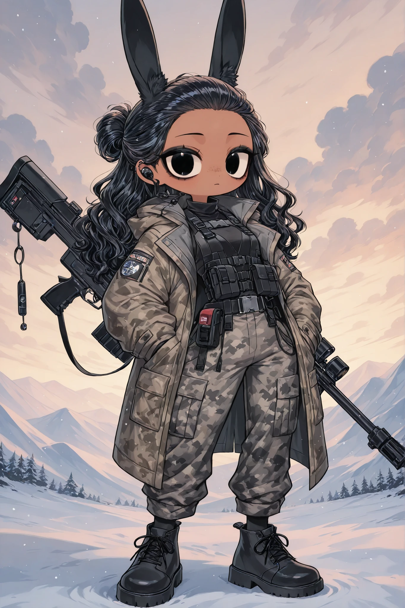 (edanoma_meu_illu,portrait) black furry bunny. She has long black bunny ears and bunny pompom-like tail. She has slim build, small breasts, narrow hips. She has dark tanned skin. She has black short wavy hair, slicked back hairstyle. She has black eyes. She has red lipstick and black eyeshadow. She is wearing a winter military uniform with an ash-white camouflage print:a oversize coat and warm pants with pockets. She is wearing a black bulletproof vest, a belt with a pouch, and a hip-belt with an additional purse. She wears military black ankle boots with white lacing. She has a military paramedic's emergency aid kit on her back. she has walky talky on her chest and earphone on one of her ears. She has a service pistol on her belt and a Sniper Rifle on her back. (On the background:slightly snowy tundra landscape,with cloudy light snowfall.)