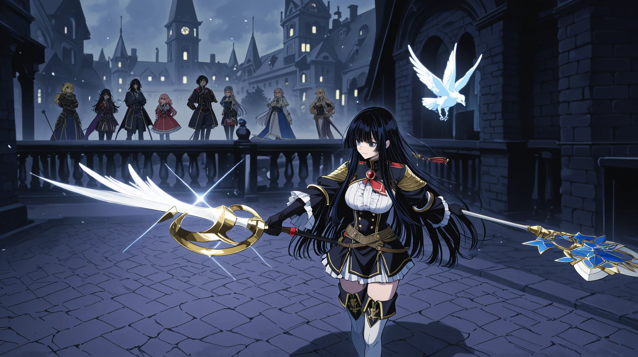 Uma cena de fantasia mística se desenrola, featuring a female character with long black hair dressed in an elaborate dark e ouroen armor set. cote de cabelo hime, cabelos longos, oculos de armação, bela jovem, olhos vermelhos rubis, Ela está em um piso de paralelepípedos dentro de um gótico/ambiente árido, que é caracterizado por formações rochosas irregulares e um céu sinistro. Sua roupa inclui luvas e torresmos de design complexo, complementada por padrões e correntes ornamentados, incorporando um tema aventureiro ou mágico. Ela empunha um grimorio magico de capa metálica dourada com elementos elétricos, exibindo tons de azul, roxo, e ouro, sugerindo seu poder e habilidade. Ao seu redor estão fragmentos de luz flutuantes, adicionando uma atmosfera mágica. A iluminação sugere o crepúsculo ou o início da noite, elevando o místico clima com sua mistura de sombra e brilho. Ao fundo, elementos estruturais como pilares e arcos sugerem uma arquitetura antiga ou fantástica, se misturando perfeitamente ao escuro, ambiente misterioso que envolve a cena.