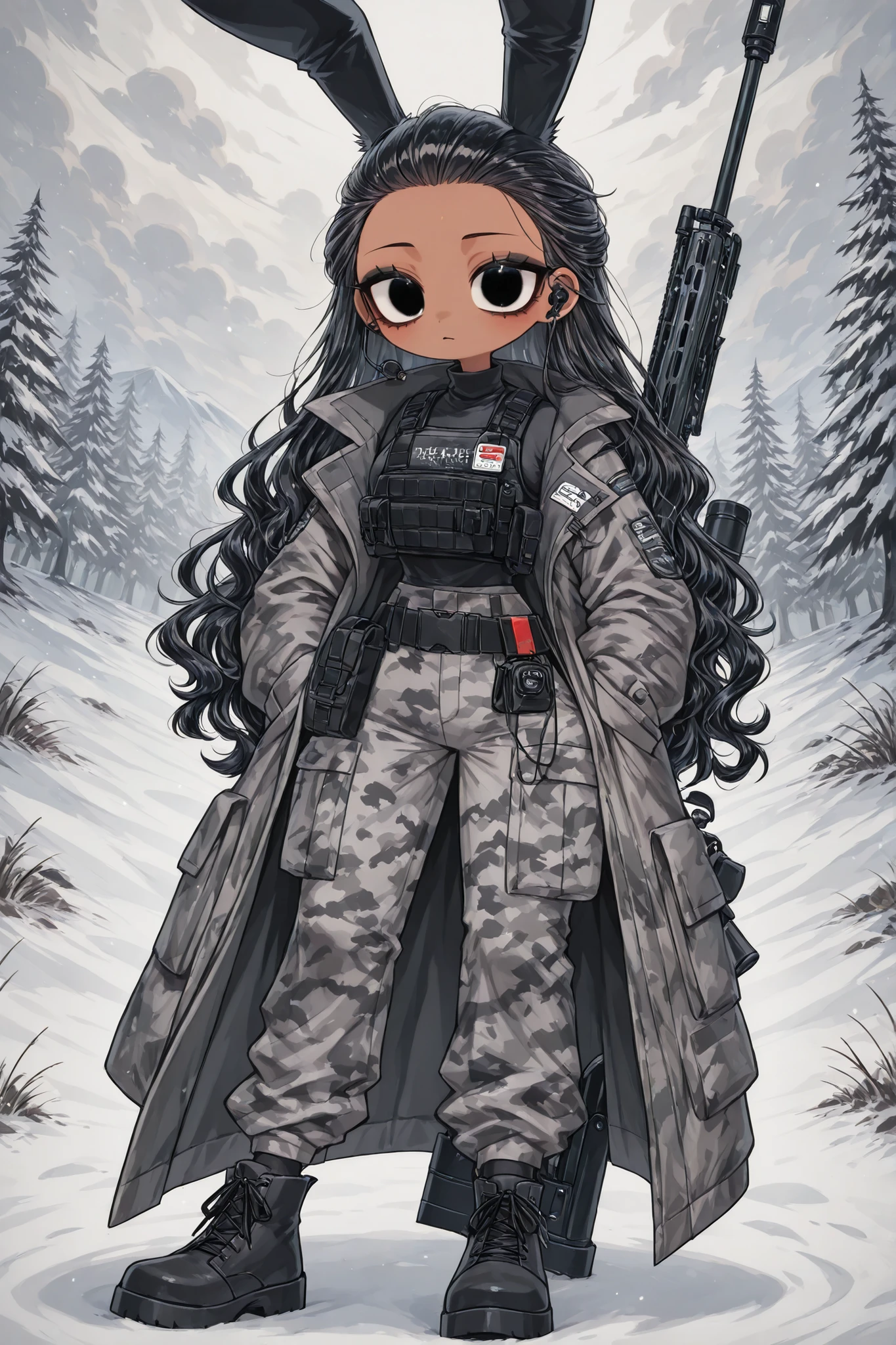 (edanoma_meu_illu,portrait) black furry bunny. She has long black bunny ears and bunny pompom-like tail. She has slim build, small breasts, narrow hips. She has dark tanned skin. She has black short wavy hair, slicked back hairstyle. She has black eyes. She has red lipstick and black eyeshadow. She is wearing a winter military uniform with an ash-white camouflage print:a oversize coat and warm pants with pockets. She is wearing a black bulletproof vest, a belt with a pouch, and a hip-belt with an additional purse. She wears military black ankle boots with white lacing. She has a military paramedic's emergency aid kit on her back. she has walky talky on her chest and earphone on one of her ears. She has a service pistol on her belt and a Sniper Rifle on her back. (On the background:slightly snowy tundra landscape,with cloudy light snowfall.)