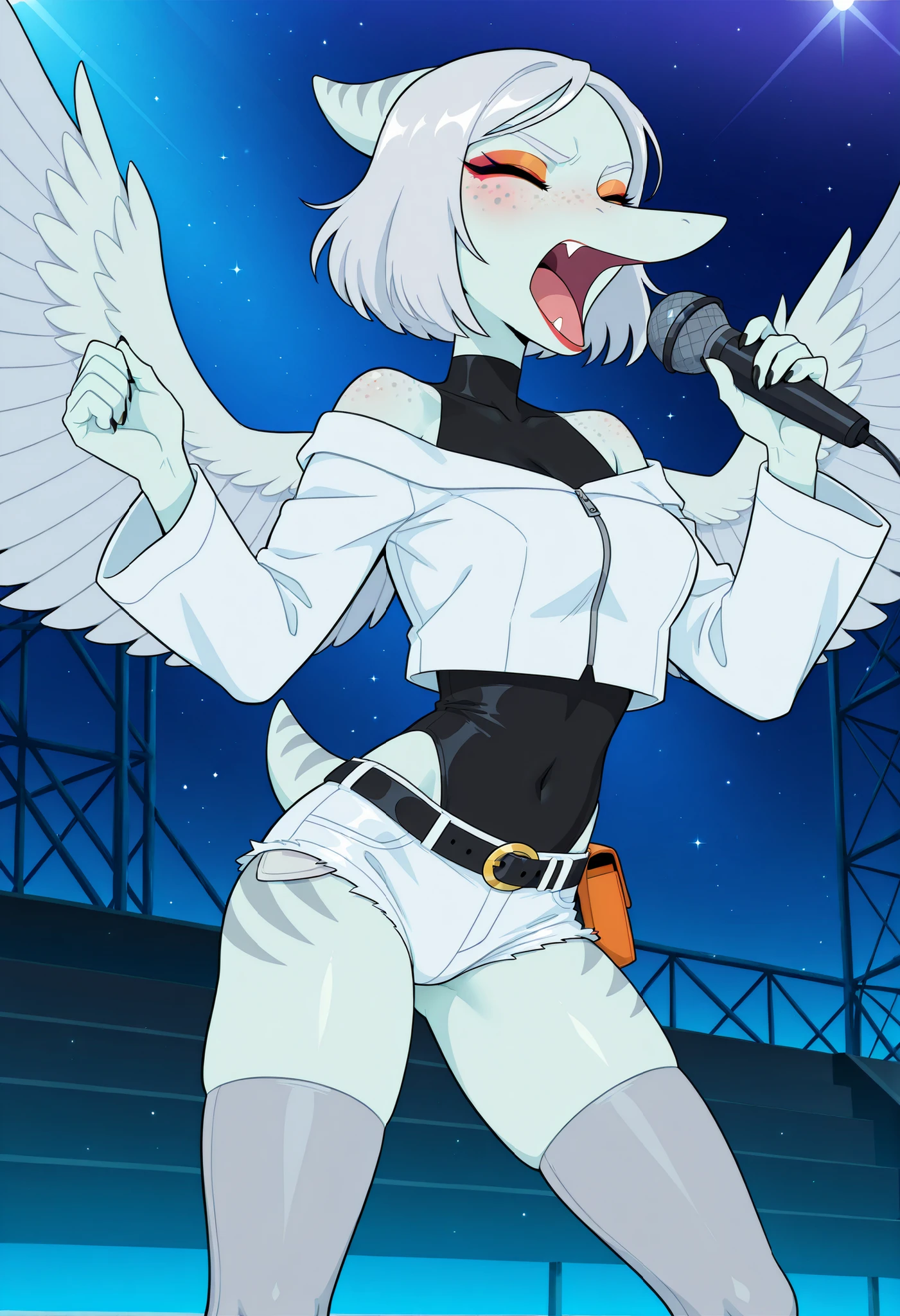 masterpiece, best quality, amazing quality, anime coloring, fang_gvh, orange eyes, short tail, solo, white spread wings, black claws, orange makeup, purple eyelashed, furry, pterodactylus, long snoot, anime accurate, detailed, beautiful, long nose, wings, anthro, lizard female, vector, middle , blushed, freckles, short tail, winged, (4fingers), grey body, stage, blushed, horn on back, short hair, off-shoulder jacket, white jacket, black leotard, hip vents, micro shorts, white shorts, black belt, belt pouch, grey thighhighs, white hair, open mouth, red lips, singing loud, screaming at microphone, eyes closed