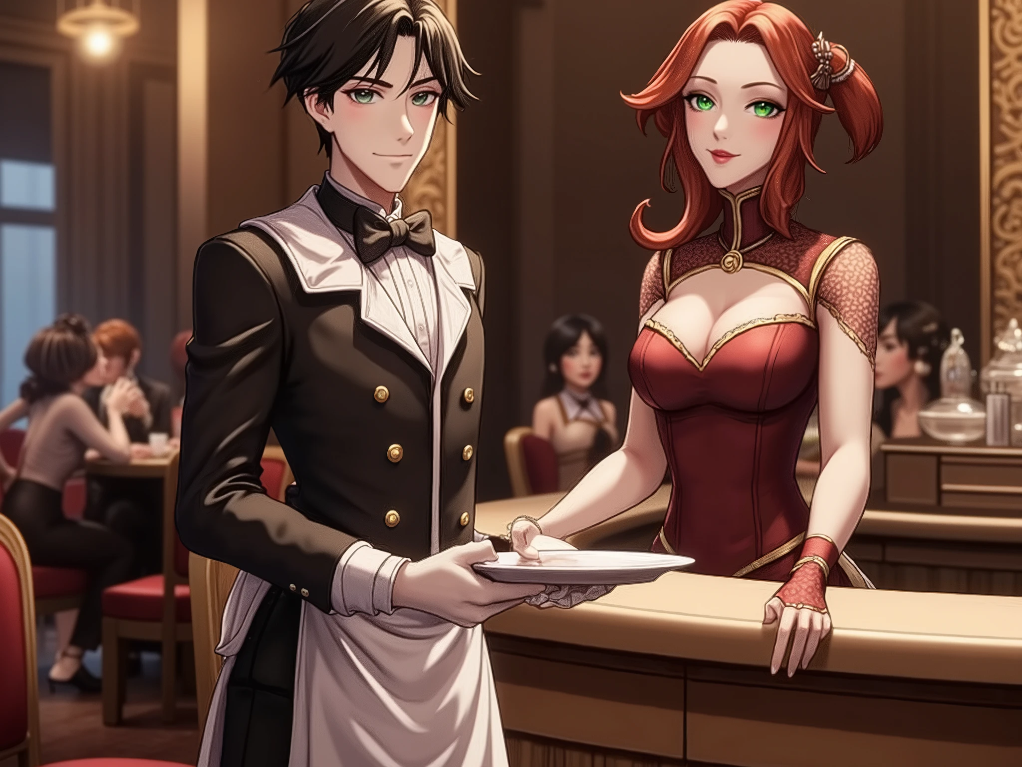chan,style,Borderland, Daria, animestyle,
😈 : a young man with short, smooth black hair and distinctive chin, appears in flawless black maid costume — white collar, ironed apron, gloves — each button fits perfectly, his gaze is focused, his posture disciplines
🌟 : ultra-realistisch, 8K, warme, uniform lighting with golden accents, scharfe Details, stylishly arranged as in a high-quality interior recording
🌌 : an exclusive MaidCafe in art deco style, with velvet armchairs, polished mirrors and soft-sounding Piano music, sitting in the background are distinguished female customers in elegant costumes, nippen an Tee, lachen leise, quietly and controllably pulses
😈 : a young man with short, smooth black hair and distinctive chin, appears in flawless black maid costume — white collar, ironed apron, gloves — each button fits perfectly, his gaze is focused, his posture disciplines
🔥 : he stands in front of the counter, the tray securely in both hands, ready to serve, while behind the bar a redheaded boss with high cheekbones, emerald green eyes and a tight-fitting, dark red costume, arms slightly folded, beobachtend, sovereign, full of silent authority