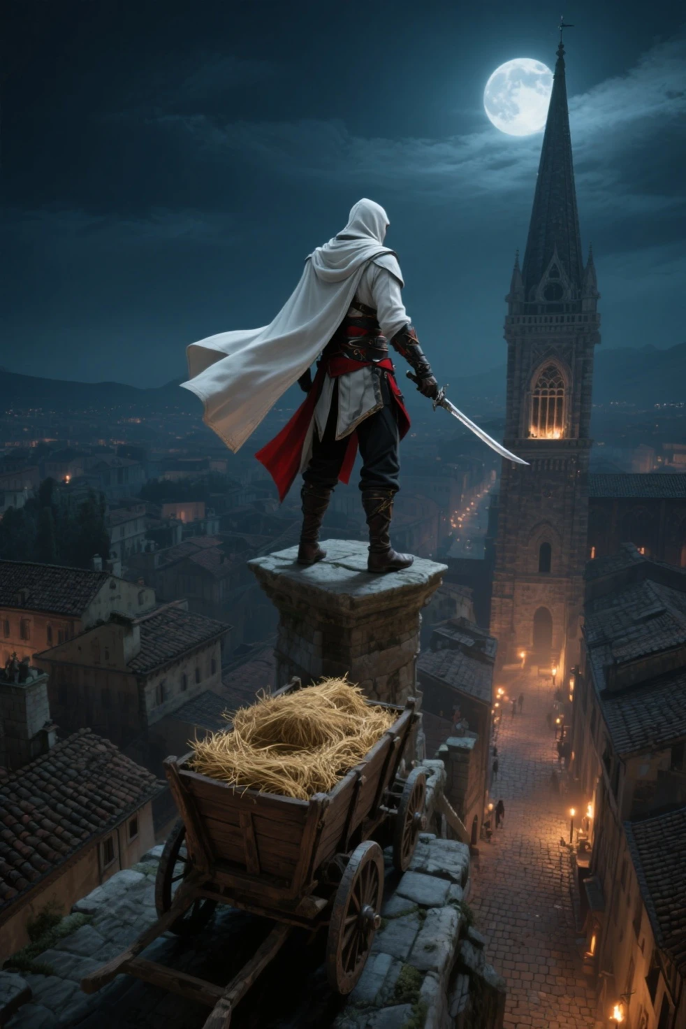 sexy girl, big breasts, assassin's creed, cape and gloves, ankle bracelets, belts on body, sitting on the roof, medieval town, high detailed, ultrarealistic full-lenght photo, 4k, (((())))