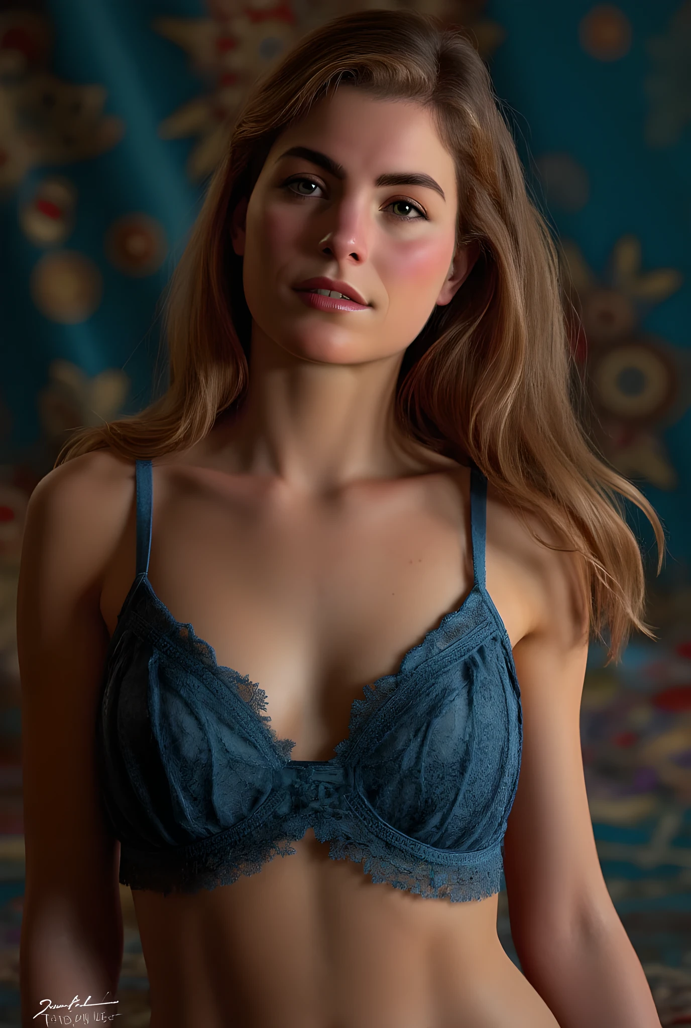 , elegant and detailed woman wearing luxurious blue lace lingerie with Valentine's Day style, seductive pose, Flowing hair, perfect skin, soft lighting, ornate lace print, plush velvet backdrop, glamorous and luxurious, high-end fashion, 4k, photorealistic, professional photography, beautiful colors, warm tones, dramatic lighting